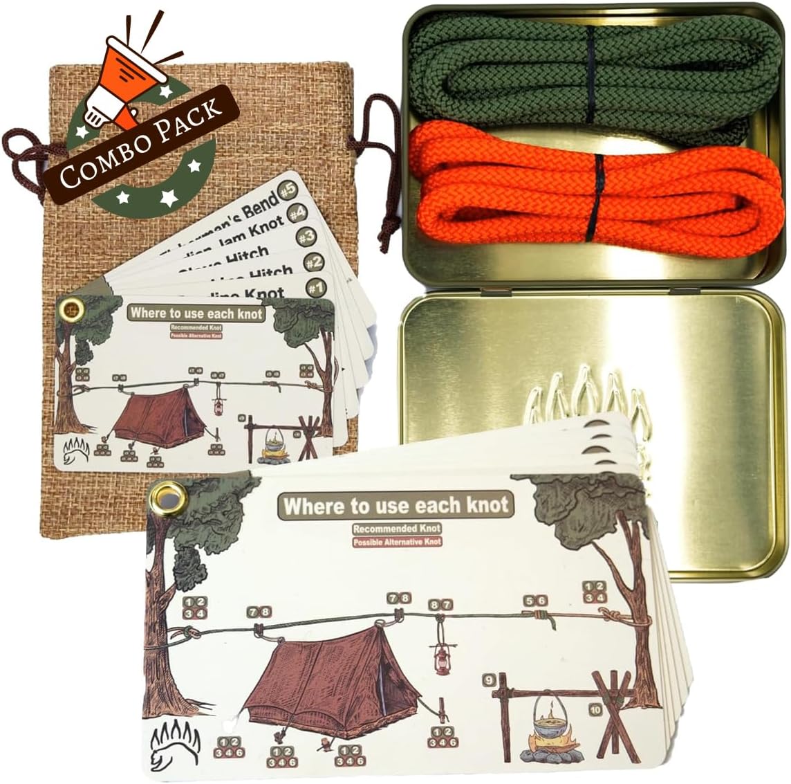 Knot Tying Kit | Camping & Outdoor Knots Edition – by The Bear Essentials Outdoors with Waterproof Knot Cards | for Survival, Camping, Backpacking, Hiking & Scouts Knot Tying Kit | Camping & Outdoor Knots Edition – by The Bear Essentials Outdoors with Waterproof Knot Cards | for Survival, Camping, Backpacking, Hiking & Scouts