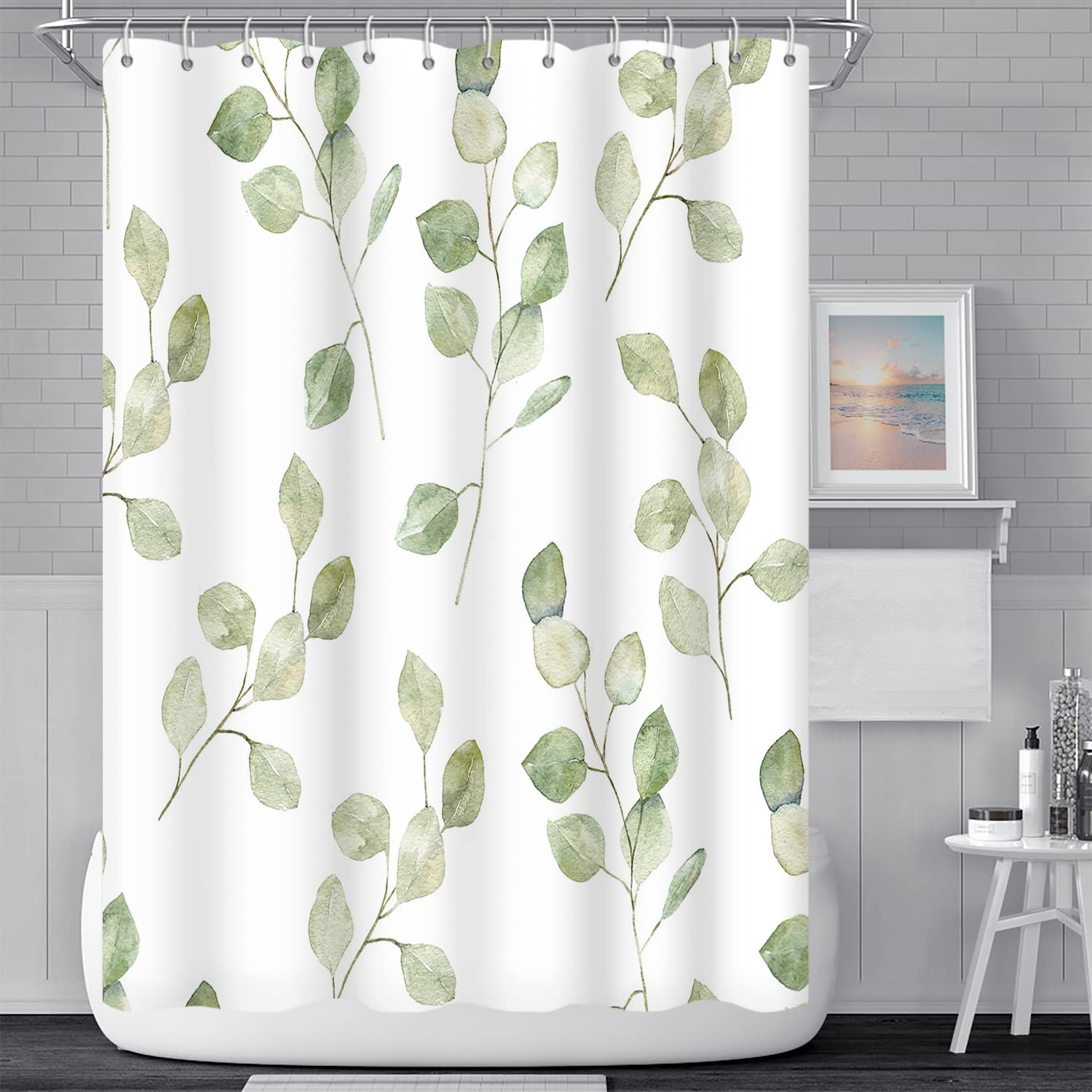 Green Eucalyptus Leaves Bathroom Shower Curtain Nature Plants Watercolor Leaf Shower with Hooks Polyester Waterproof Fabric Aesthetics Home Decor, 48x70 Inch