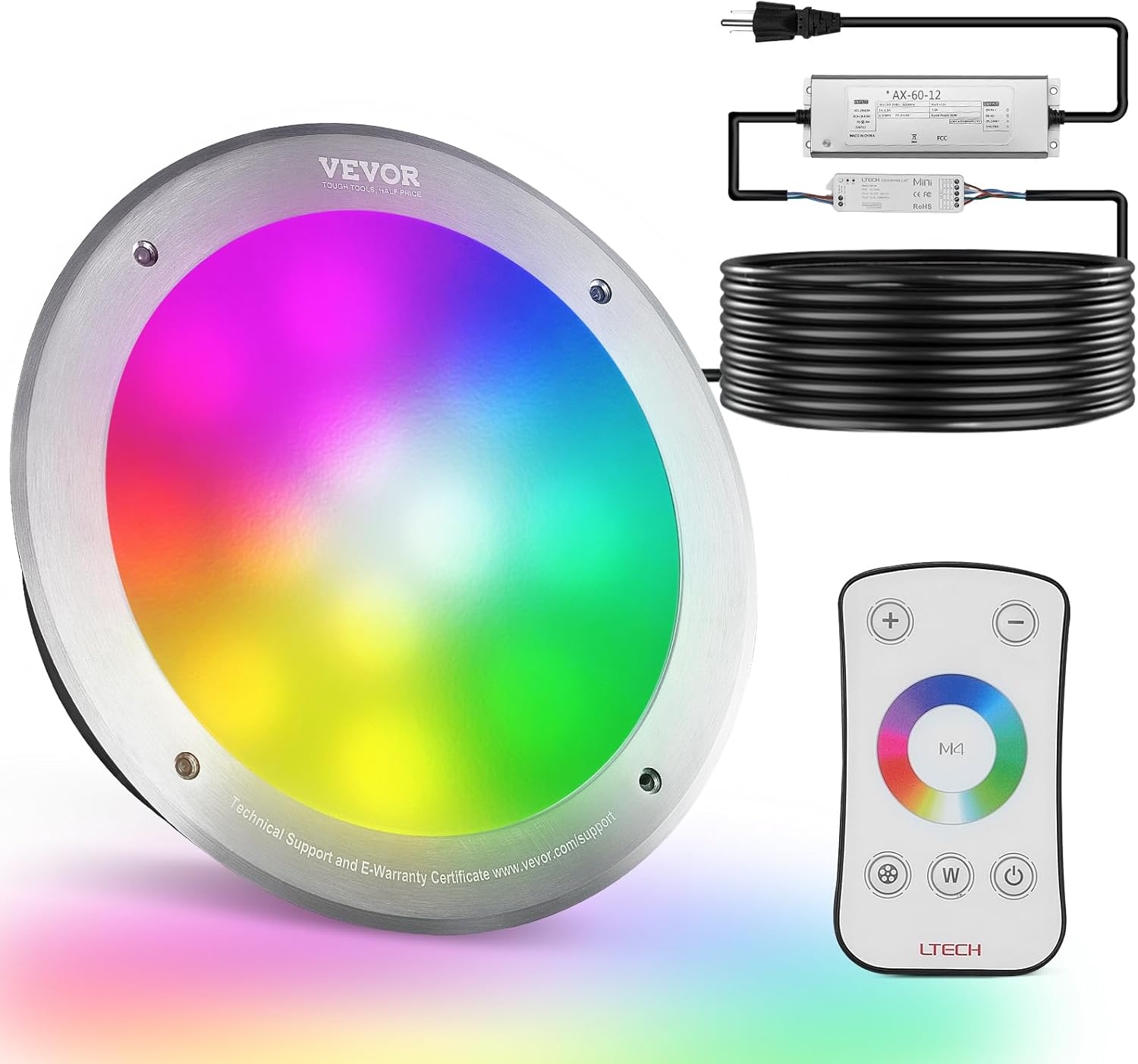 VEVOR LED Pool Light, 120V AC 40W, 10-Inch RGBW Color Changing Inground Swimming Pool Spa Light Underwater, Includes 100 ft Cord and Remote Control, for 10-Inch Large Wet Niches, IP68 Submersible
