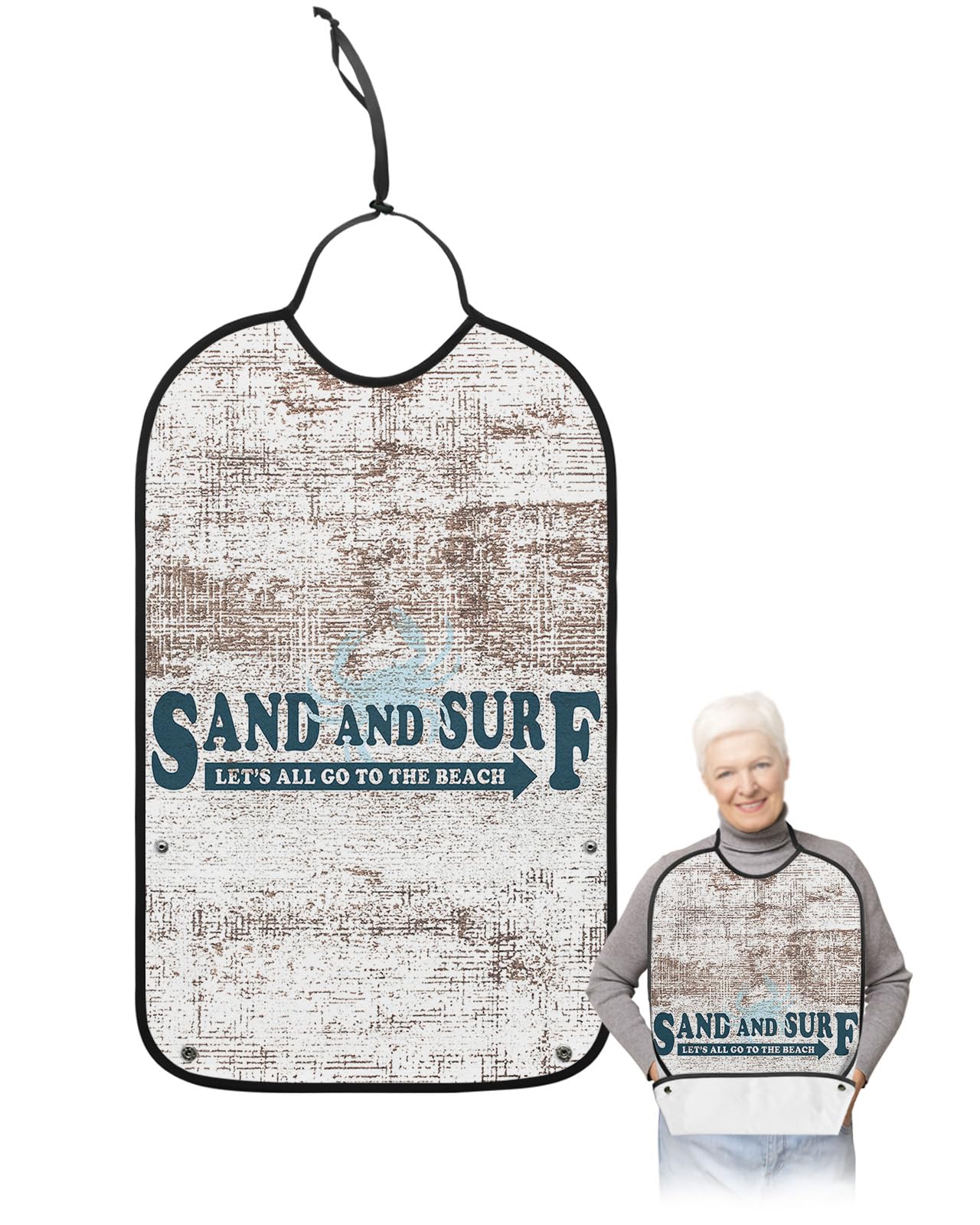 LEOKOTI Summer Beach Crab Adult Bibs for Eating, Waterproof Bibs with Food Catcher & Adjustable Snap Closure, Sand and Surf Rustic Beige Washable Clothing Protectors Adult Bibs for Elderly Women/Men