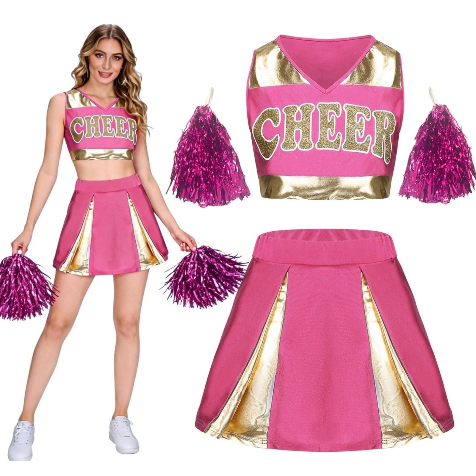 maxToonrain Women Cheerleader Costume with Shiny Gold Accents 3 PCS Adults Cheerleader Outfit with Pom Poms, Top, Skirt for 2026 High School Musical Events Halloween (Rose Red,XL)