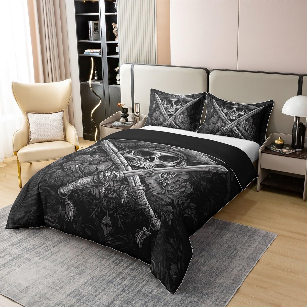 Gothic Skull 100% Cotton Duvet Cover Set Pirate Theme Skeleton Pattern Reversible Comforter Cover Set for Kids Bedroom Gray Leaves Plant Black Sketch Bedding Comforter Cover Queen Size 3pcs