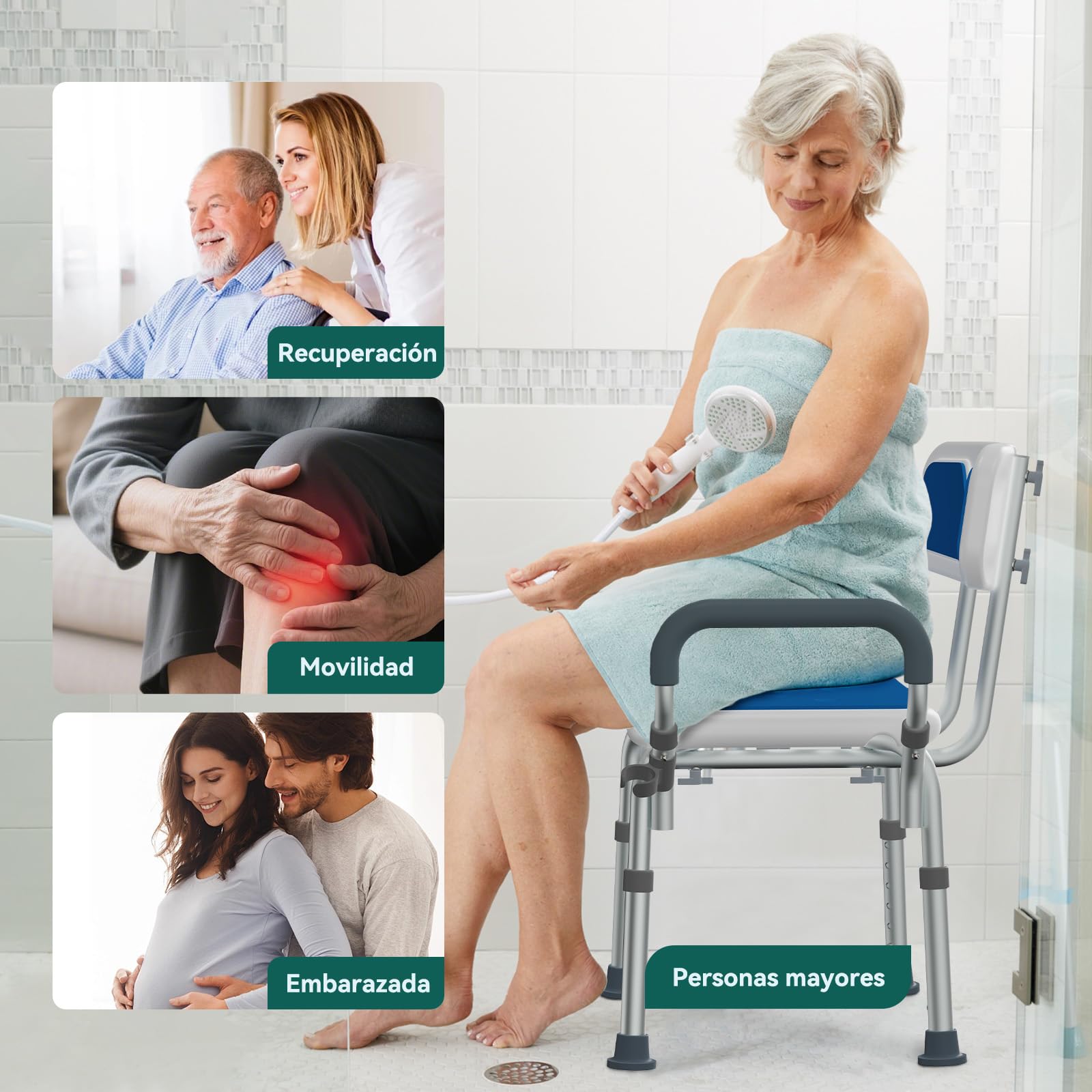 Silla de Ducha Ajustable con Reposabrazos – Asiento de Ducha Antideslizante en U con Respaldo y Reposabrazos Acolchados, Taburete de Baño Ligero para Personas Mayores y con Discapacidad