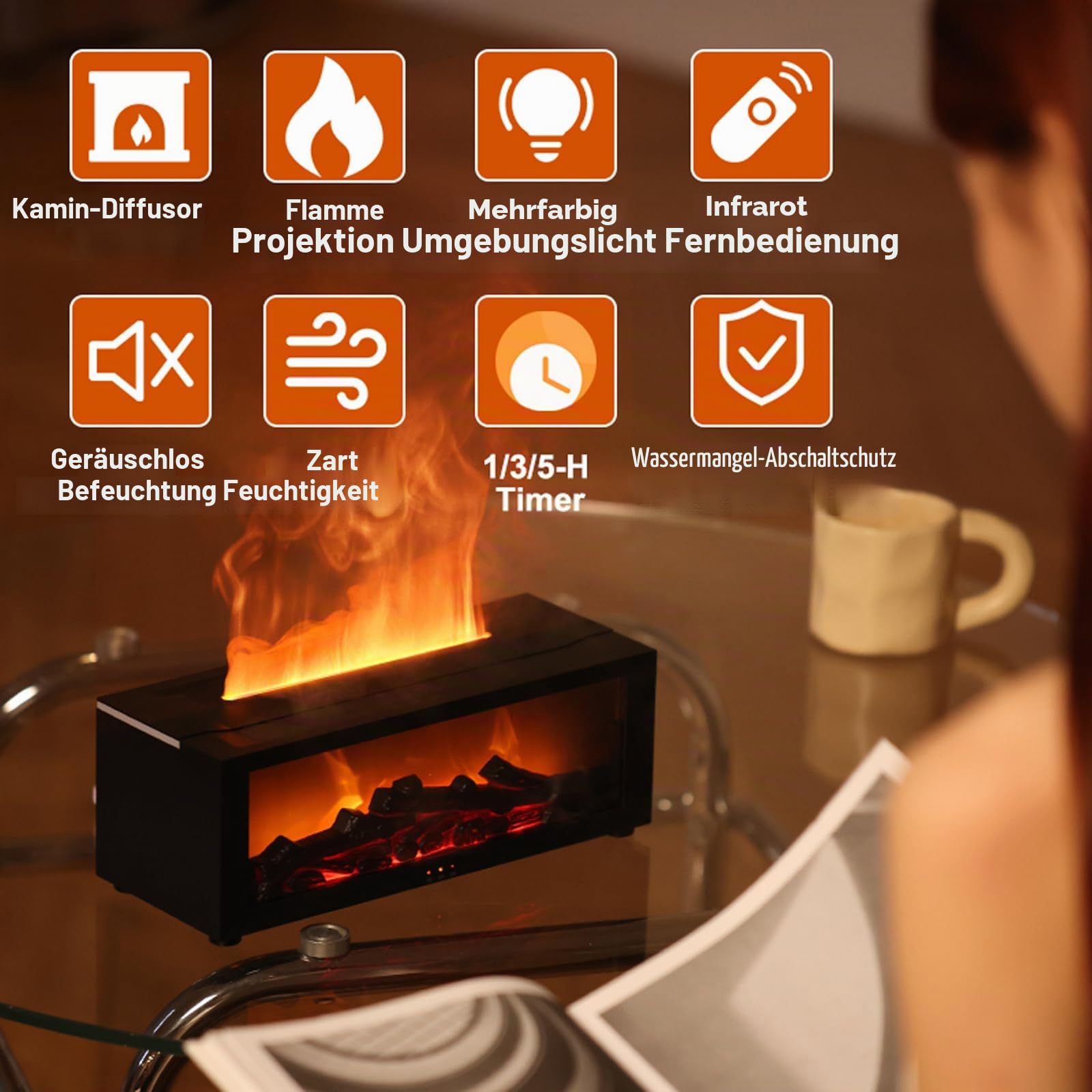 Aroma Diffuser LED Kamin 150ml, 7-Colour Light Flame Effect Luftbefeuchter mit Fernbedienung, Kamin Aromatherapie Diffusor, Kamin Luftbefeuchter mit Timer, Für Zuhause, Büro, Schlafzimmer