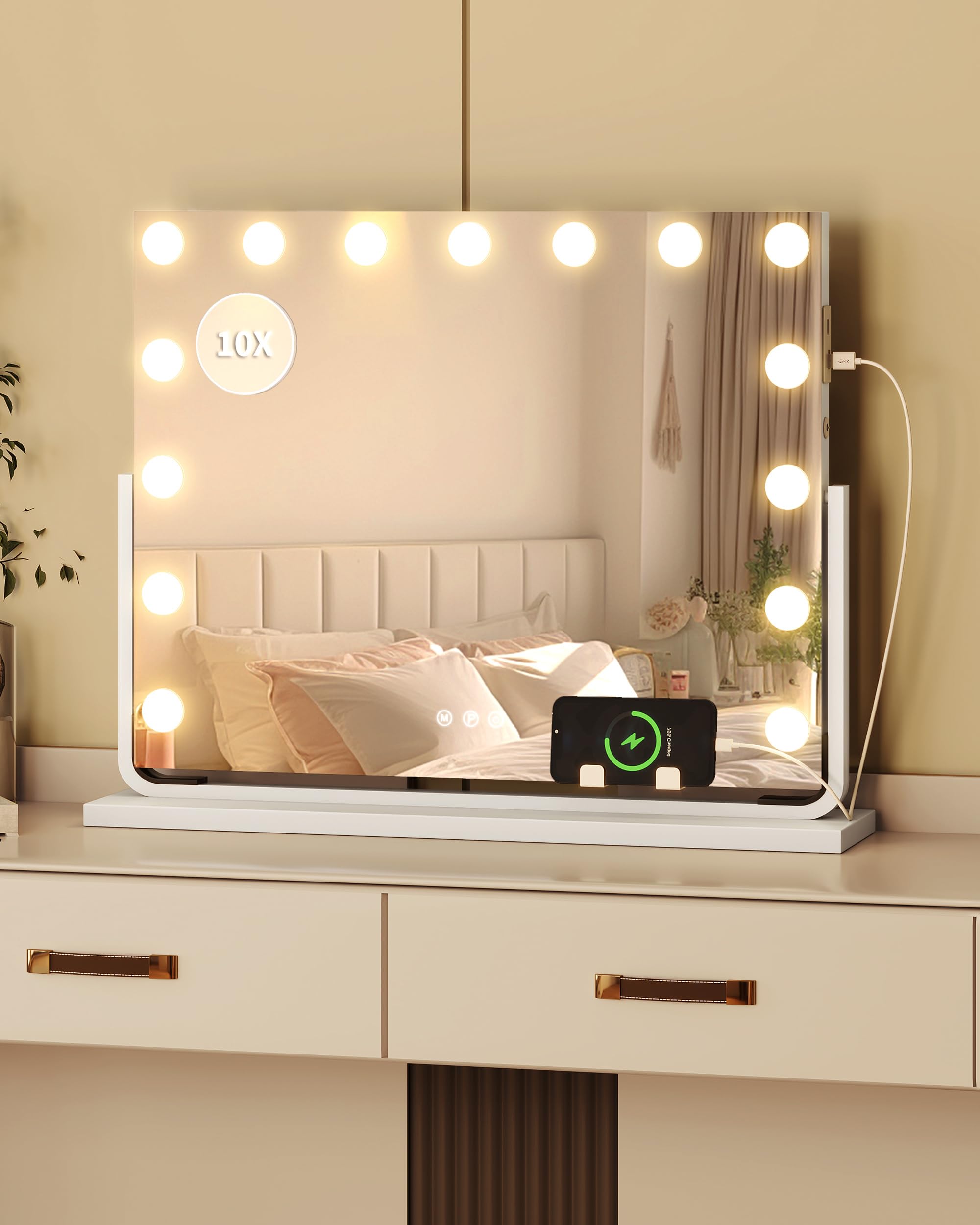 YITAHOME Lusterko do makijażu LED, 15 diod LED, styl Hollywood, z przyłączem USB i typ C, 3 temperatury barwowe ściemniane, 10 x lusterko powiększające i uchwyt na telefon komórkowy, białe, 58 x 46 cm