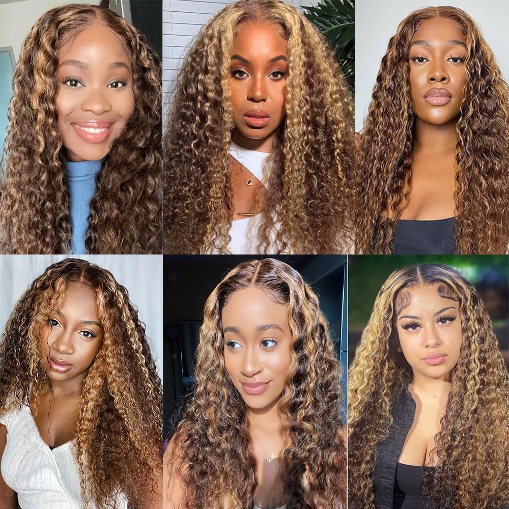 Honey Blonde Ombre Kinky Curly Bundles P4/27 Highlight Curly Wave Human Hair Bundles Chocolate Brown and Honey Blonde Track Mix Brazilian Human Hair Sew-In Extensions 10 12 14 inch