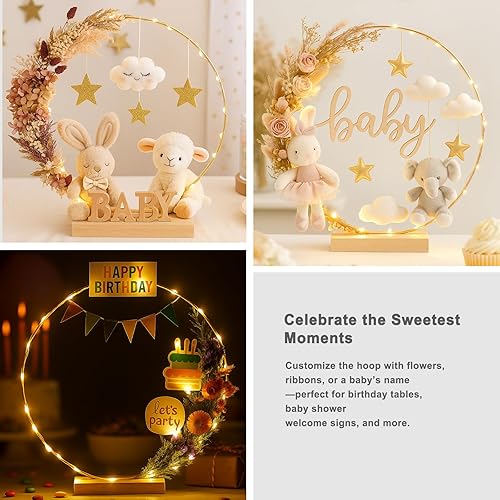 Miniatura 7 de Paquete de 12 aros florales con soporte y luces LED de 14 pulgadas, anillos de metal para centros de mesa, decoración de mesa, manualidades, anillos