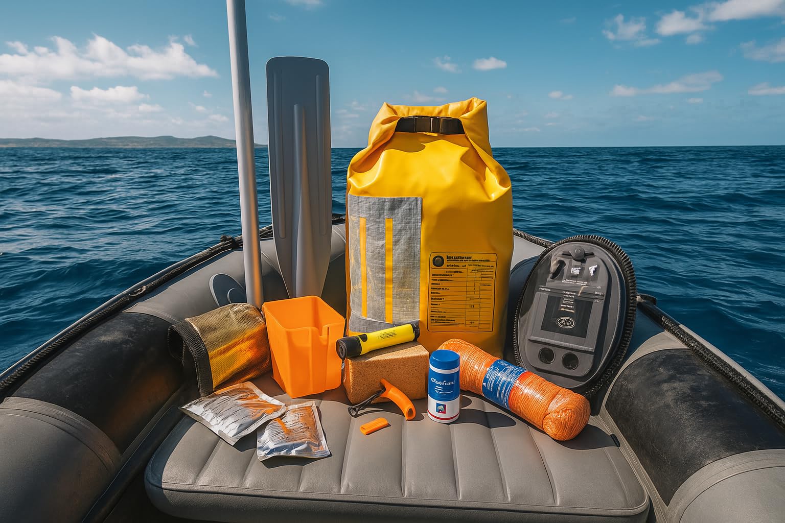 Kit di Sopravvivenza in Mare conforme al D.M. 17/09/2024 – Art. 51 Ideale per le unità pneumatiche ad uso privato, gommoni e barche Entro 12 miglia dalla costa può sostituire la zattera autogonfiabile