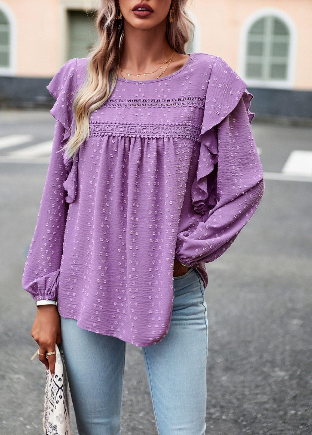 Chemisier Femme Chic Et Élégant,Chemisier Femme Chemises À Manches Longues Violet Solide Col Rond Bordure en Dentelle À Pois Volants Chemise Pull Plissée Élégante Chemise Décontractée Lâch
