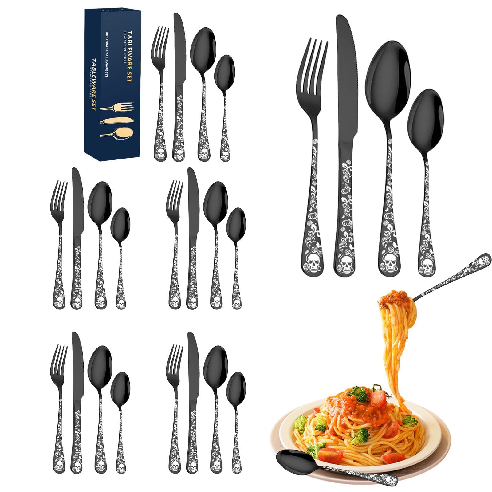 Ensemble de couverts pour 6 personnes, couverts de cuisine | 24 couverts avec motif tête de mort | Fourchettes et cuillères de cuisine portables, couverts pour la cuisine à la maison, le