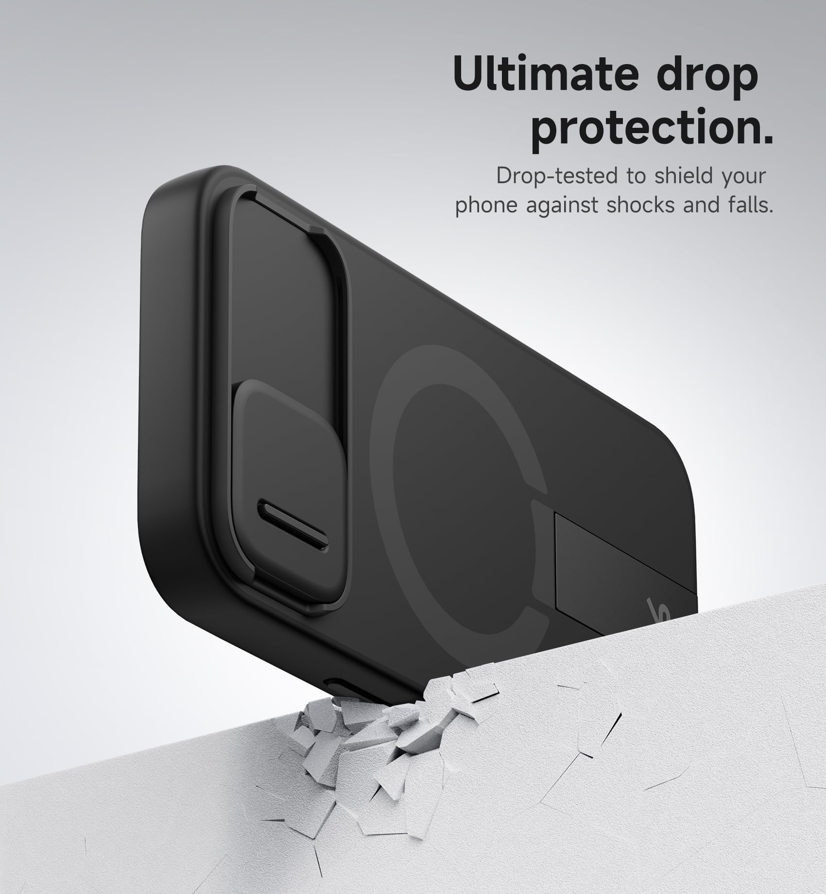 SURITCH Funda Magnética Compatible con iPhone 16e/17e, Carcasa de amortiguación a Prueba Protectora con Tapa de cámara Deslizante y Soporte Ajustable(Negro)