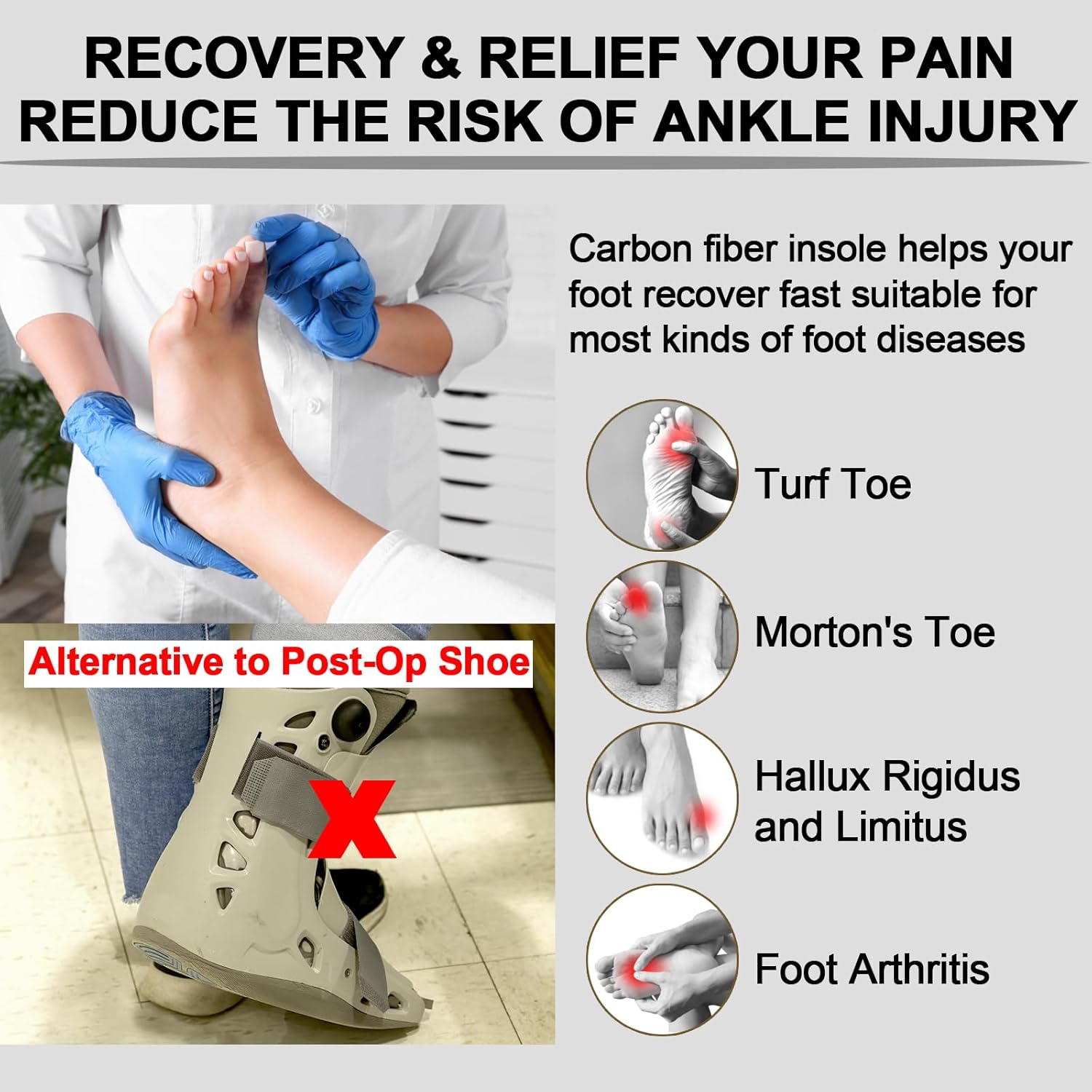 Carbon Fiber Insole for Turf Toe, Hallux Rigidus, Limitus, Foot Fractures, Arthritis, Rigid Graphite Shoe Insert for Sports, Hiking, Trekking, Alternative to Post Op Shoe - 1 Piece 245mm - Image 3