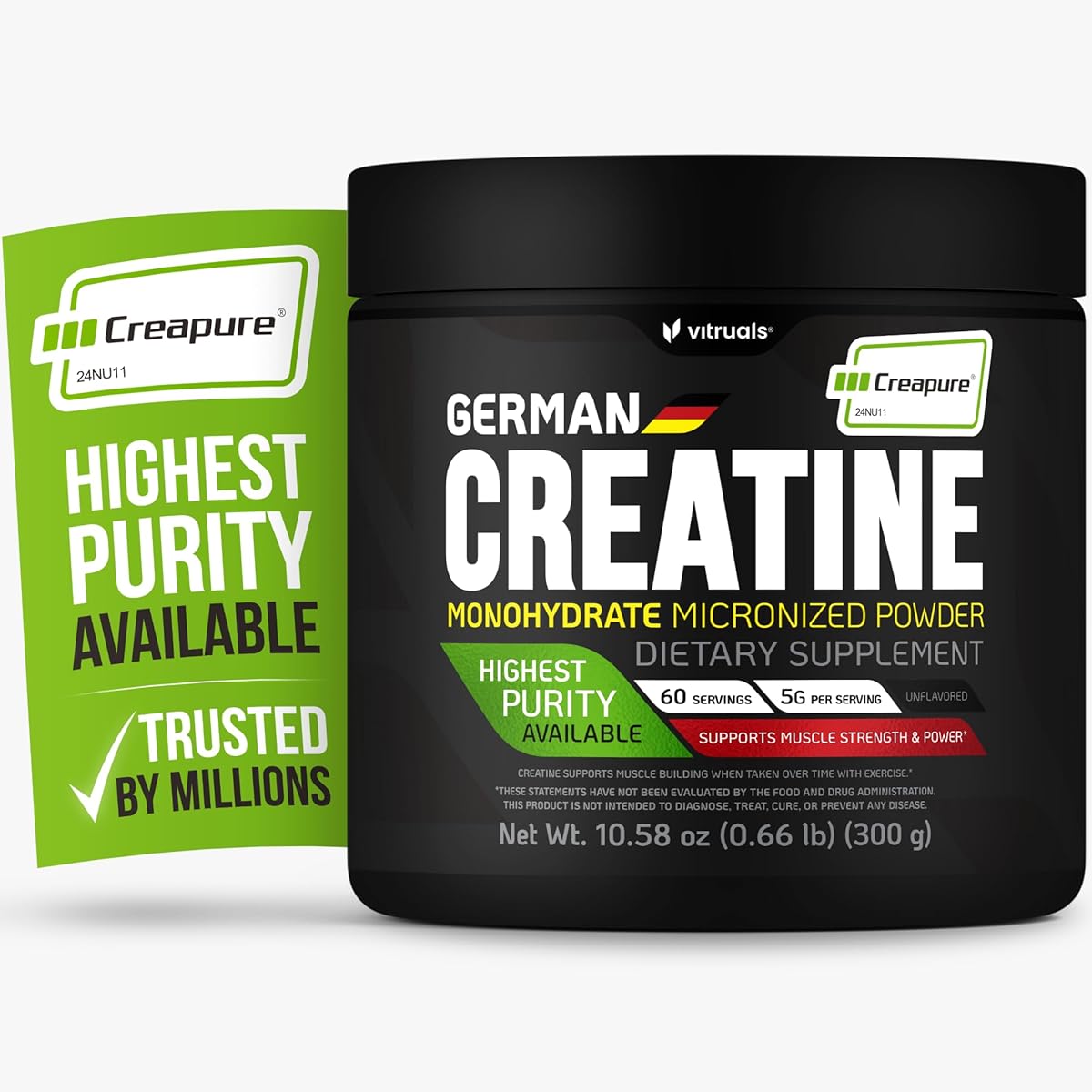 VITRUALS Creapure Creatine Monohydrate Powder – 10.58oz (0.66lb) (300g) German Creatine – Ultra-Pure for Strength & Recovery – 100% Made in Germany – with Scoop – Vegan, Keto-Friendly, Gluten-Free