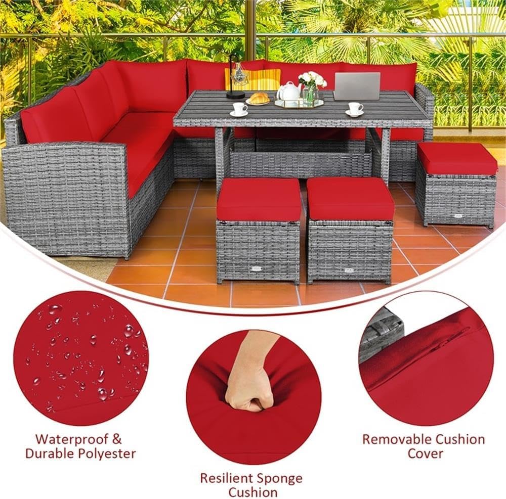 Pemberly Row 7-Piece Outdoor Patio Dining Set, PE Rattan Sectional Sofa Couch with Ottoman and Coffee Table, Steel Frame, Red Cushions, All-Weather Design, Garden, Lawn, or Patio Furniture
