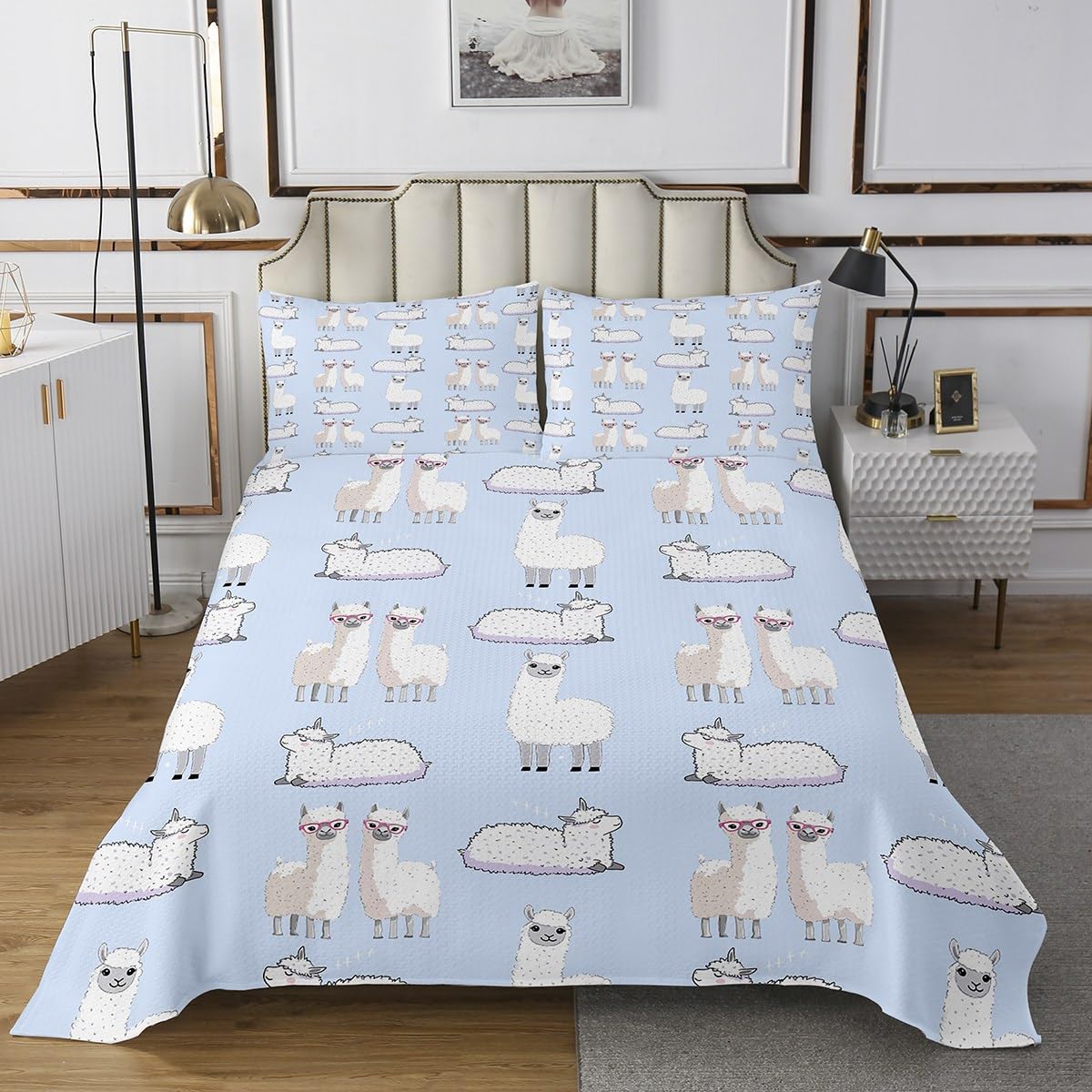 jejeloiu Boys Girls Cute Llama Quilted Coverlet Queen Size, Cactus Coverlet Set for Llama Alpaca Animal Bedspread Teens Bedroom Decor 3Pcs