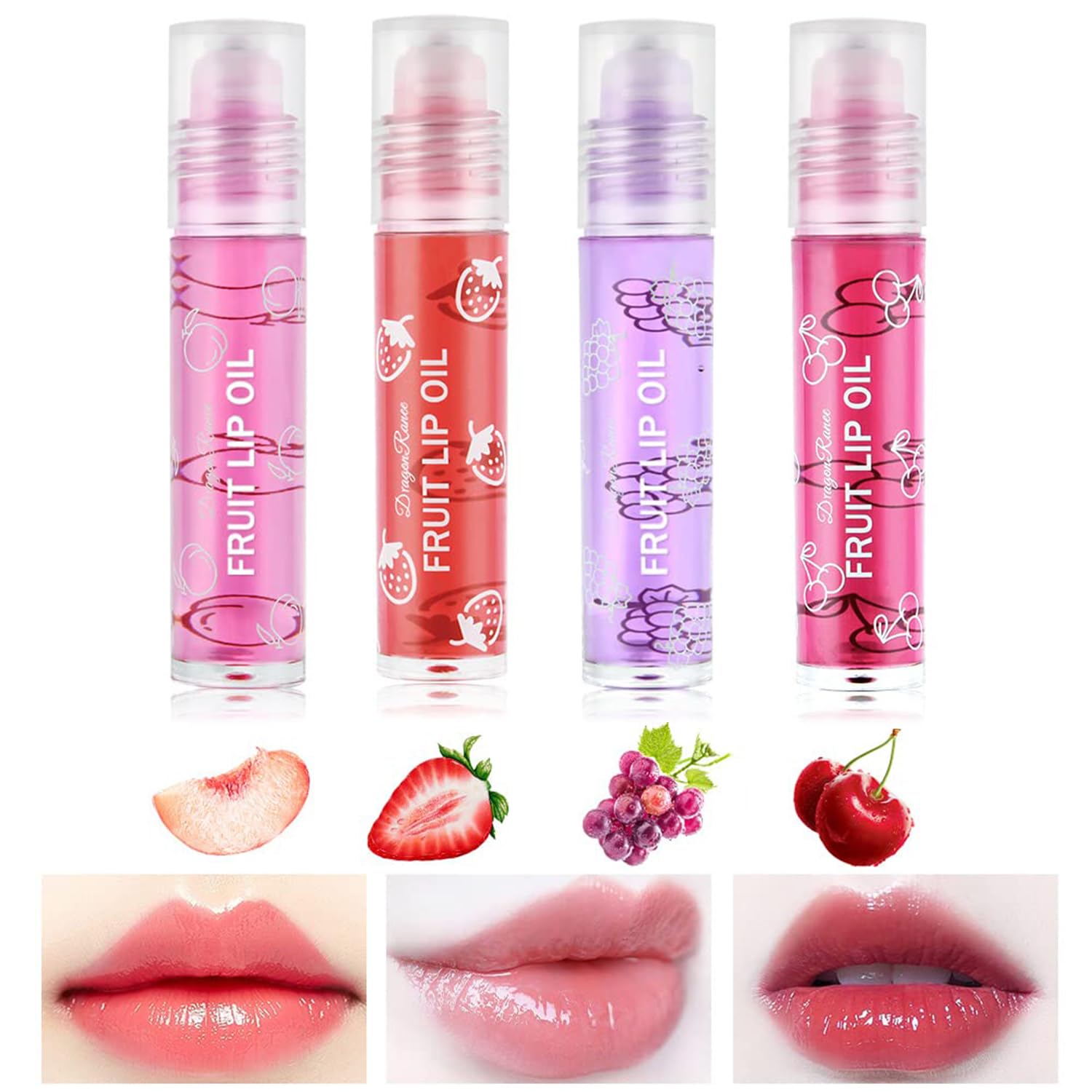 Roll-On Glitzer Lipgloss Set – 4 Fruchtige Geschmäcker, Feuchtigkeitsspendend Für Trockene Lippen – Mit Praktischem Rollerball-Auftrag – 5 Ml Pro Stück