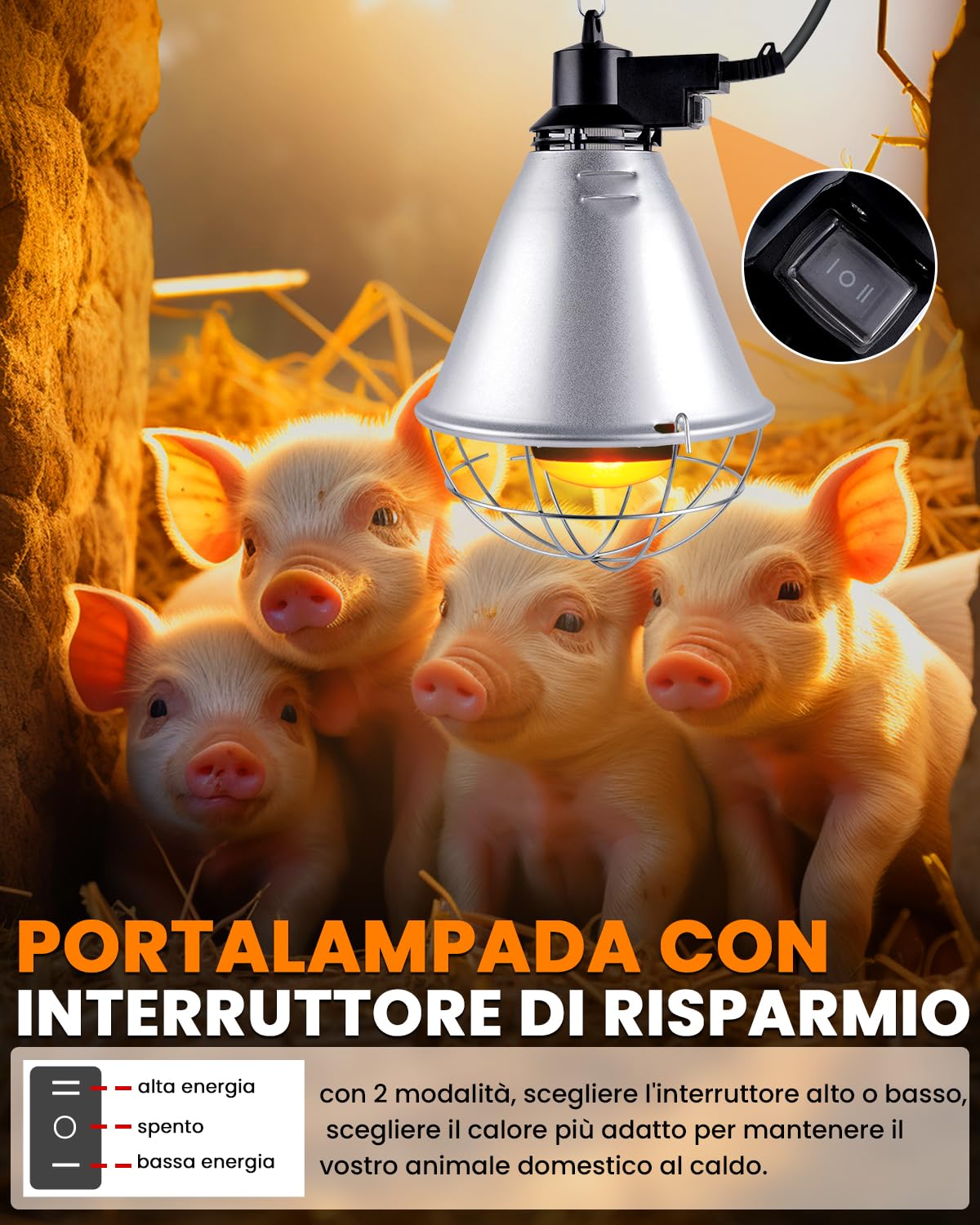 Bonlux Lampada Infrarossi Riscaldante, Paralume per Lampade Riscaldanti con 2 Modalità Regolabili Lampada Riscaldante con 2M Catena per Il Fissaggio e Cavo da 2.5M per Cani Pulcini (Nessuna Lampadina