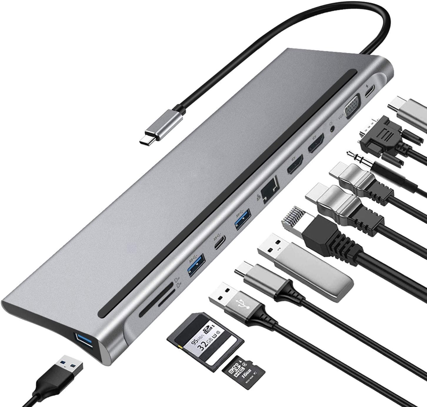 Universal USB C Docking Station for Windows, Dual Monitor Docking Station HDMI, Display Port and VGA with 87W Charging, 3 USB 3.0, Gigabit Ethernet, Mic, SD and Micro SD for Type C Laptop