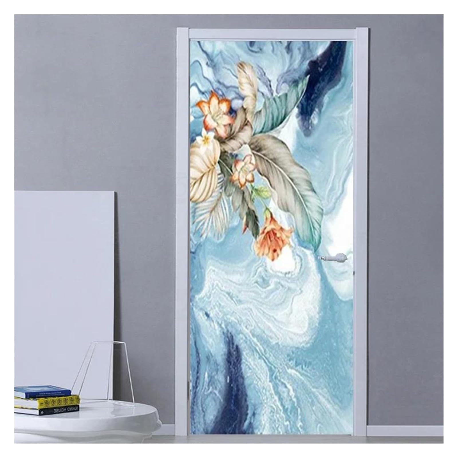 Sticker de porte fleurs encre bleue en PVC imperméable pour déco salon 95x215cm