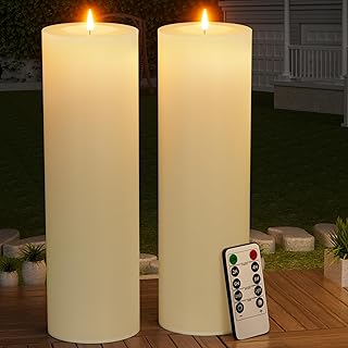 14" x 4" Large Outdoor Candles with Timer Waterproof Flickering LED Flameless Candles Battery Operated with Remote Fake Pillar Candles Realistic for Patio Porch Lanterns, Ivory 2 Pack