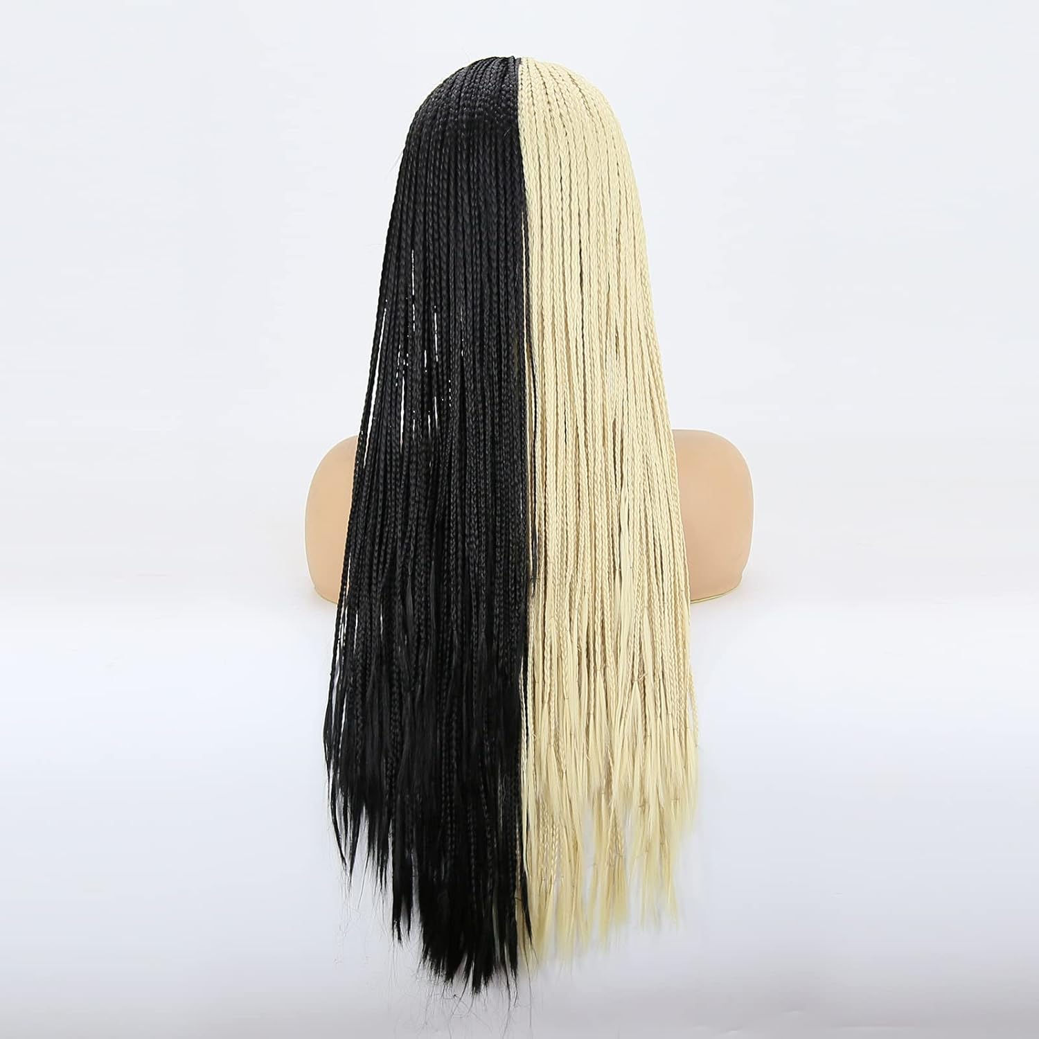 BTWTRY Half Blonde Half Black Braided Synthetic Lace Front Wig for Fashion Women #613 Color and Black Lace Front Micro Braided Box Braids Wig African American Hair (24inch, Half #613 Half Black)