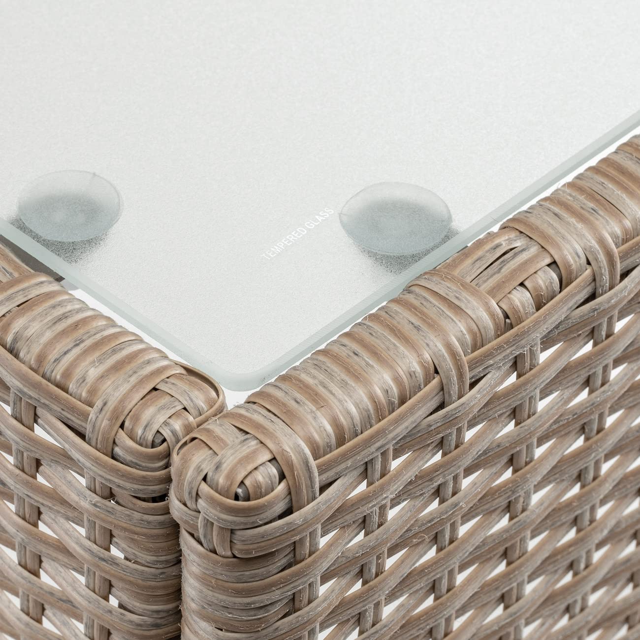 CASARIA® Mesita de Centro Poliratán 58x58x42cm Carga hasta 80Kg Mesa Auxiliar Jardín Ajustable en Altura Tablero Vidrio Resistente Intemperie Crema