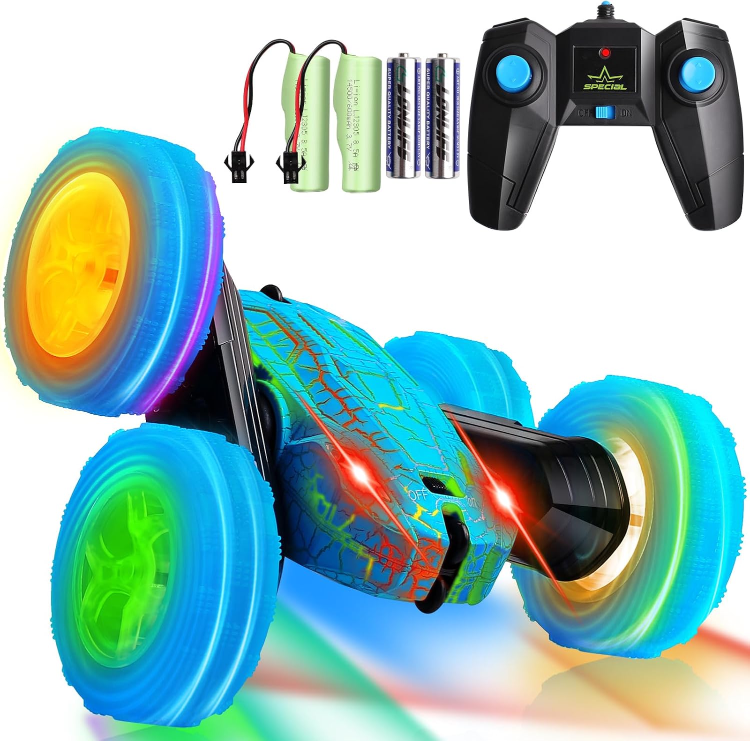 FAFUGANIA Remote Control Car, 360° Rotating RC cars with Wheel Light and Body crack light, Fast and Flips 4WD Double-Sided RC Stunt Cars For 6-12 years old Kids Xmas Toy Cars Gift for Boys Girls(Blue)
