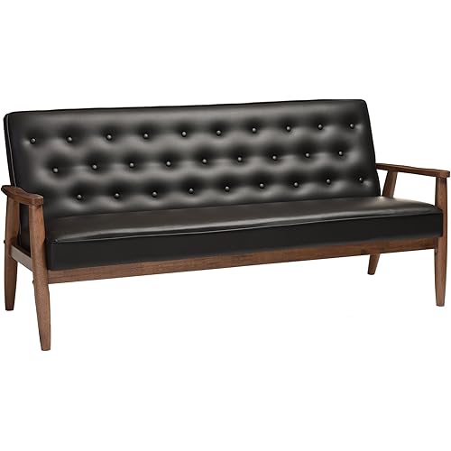 Baxton Studio Sorrento Mid-Century Retro Modern Faux Leather Upholstered Wooden 3-Seater Sofa, Black