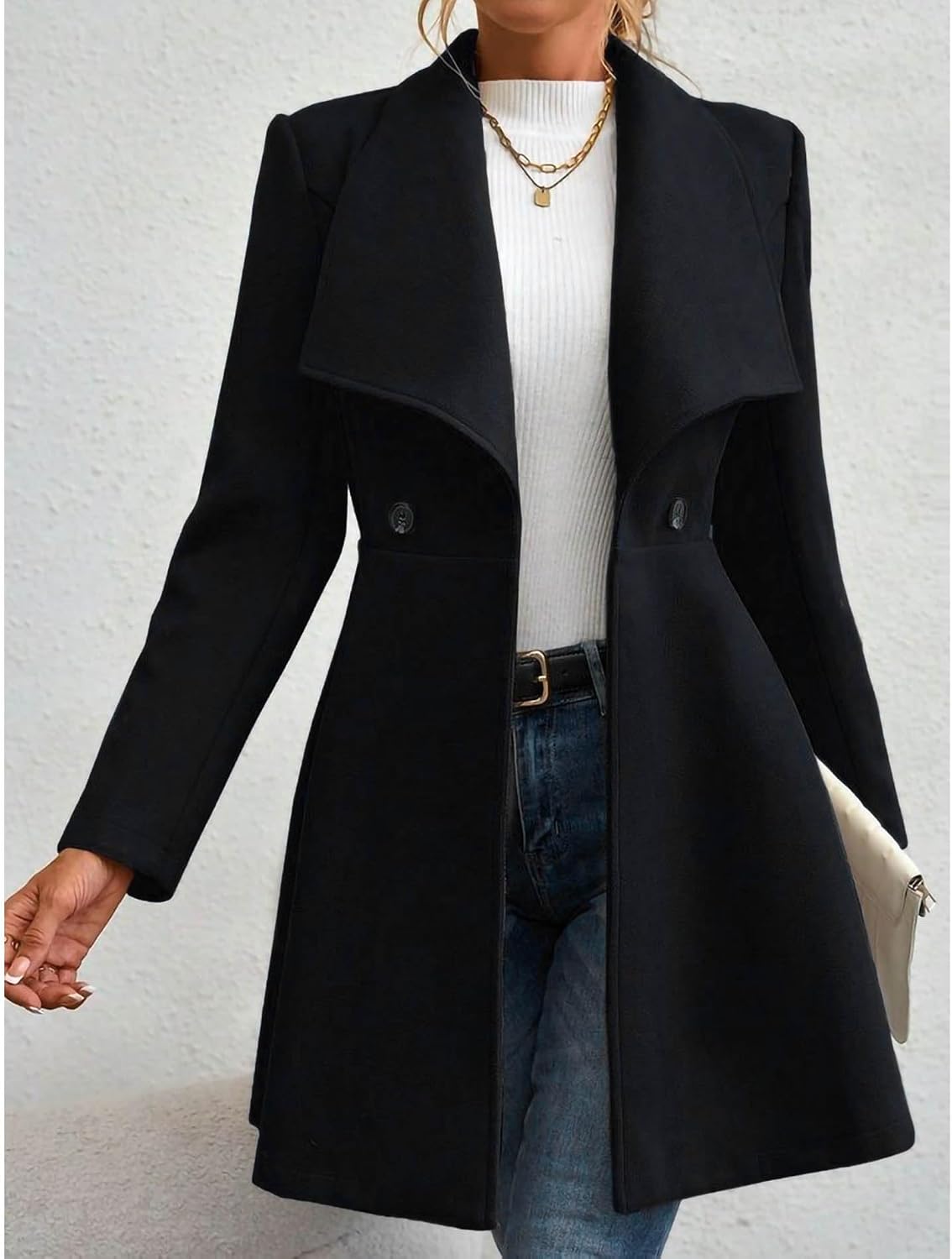 Sexyshine Women's Winter Double Breasted Trench Coat Shawl Collar Wool Blend Pea Coat Swing Flared A Line Midi Overcoat