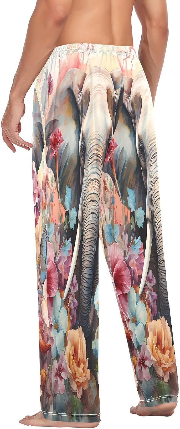 ALAZA Elephant Flowers Waterdolor Men's Pajama Pants Men Cotton Pajama Bottoms with Pockets, S