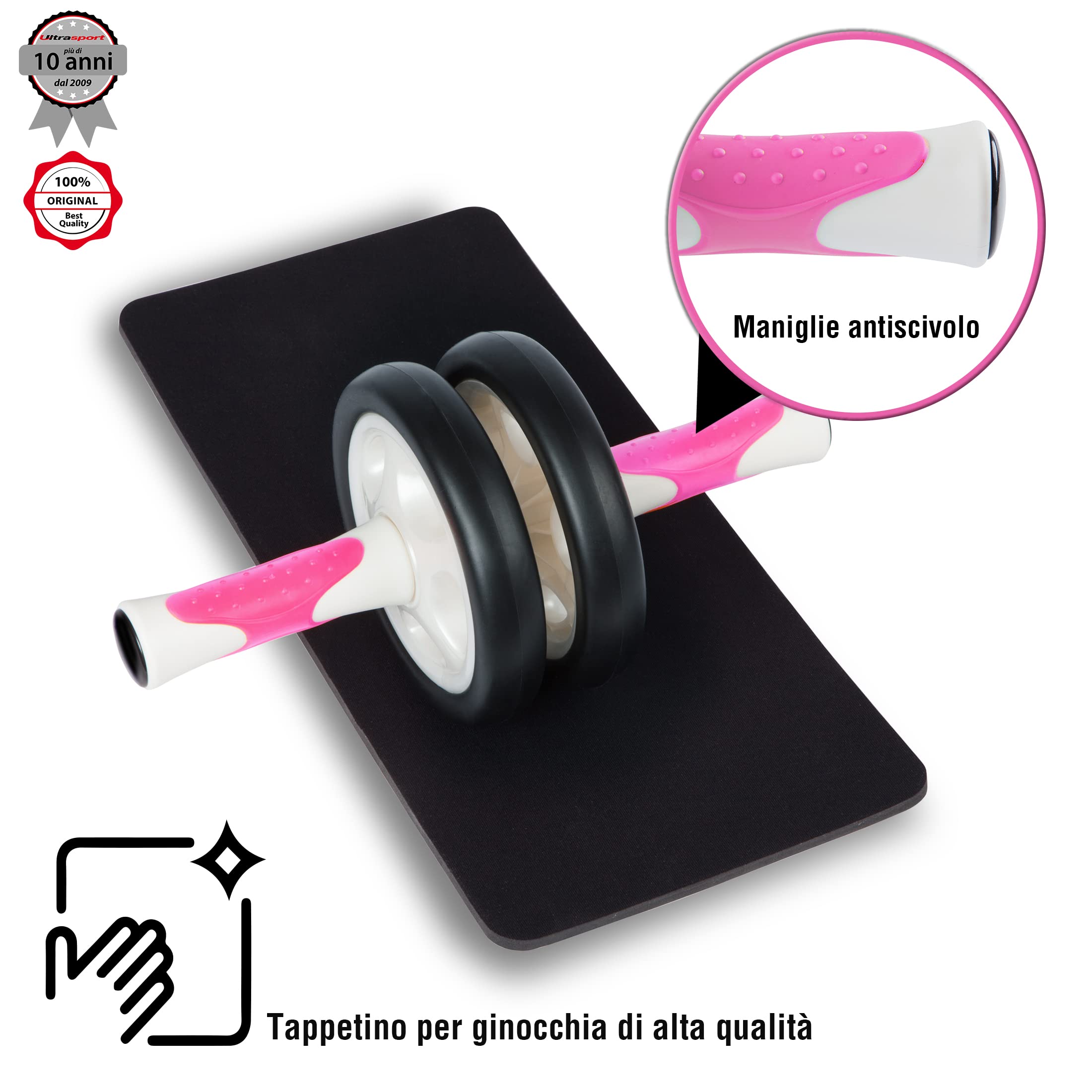 Ultrasport Addominale Allenatore AB roller, incl. tappetino ginocchia, allenamento per uomini e donne Rullo per muscoli addominale con multifunzione, anche per anziani, trainer pieghevole salvaspazio