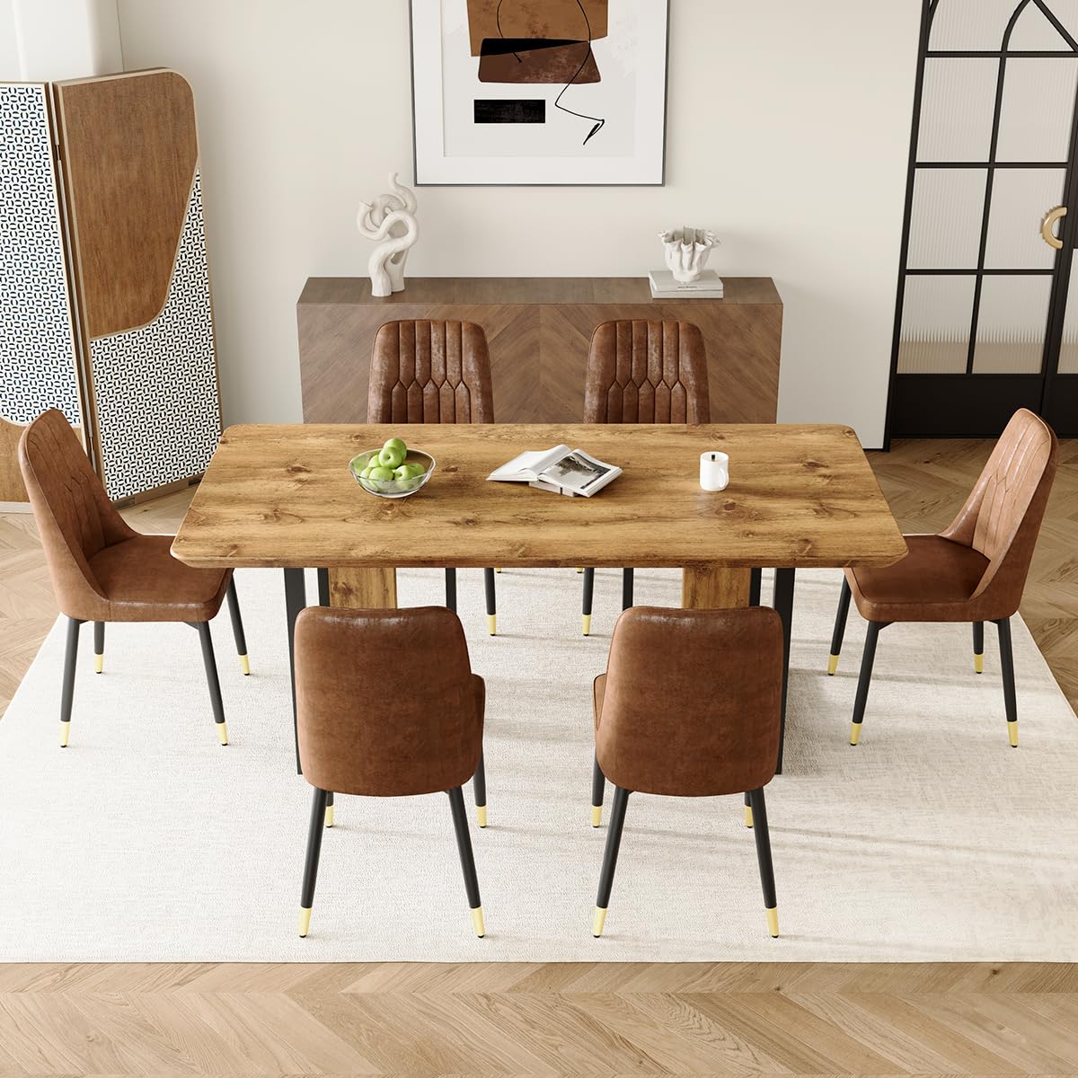 MEMUY 67" Wood Dining Table Set for 6, Farmhouse Kitchen Table Set with Heavy Duty Legs, Mid-Century Kitchen Table and 6 Thick Upholstered Chairs for