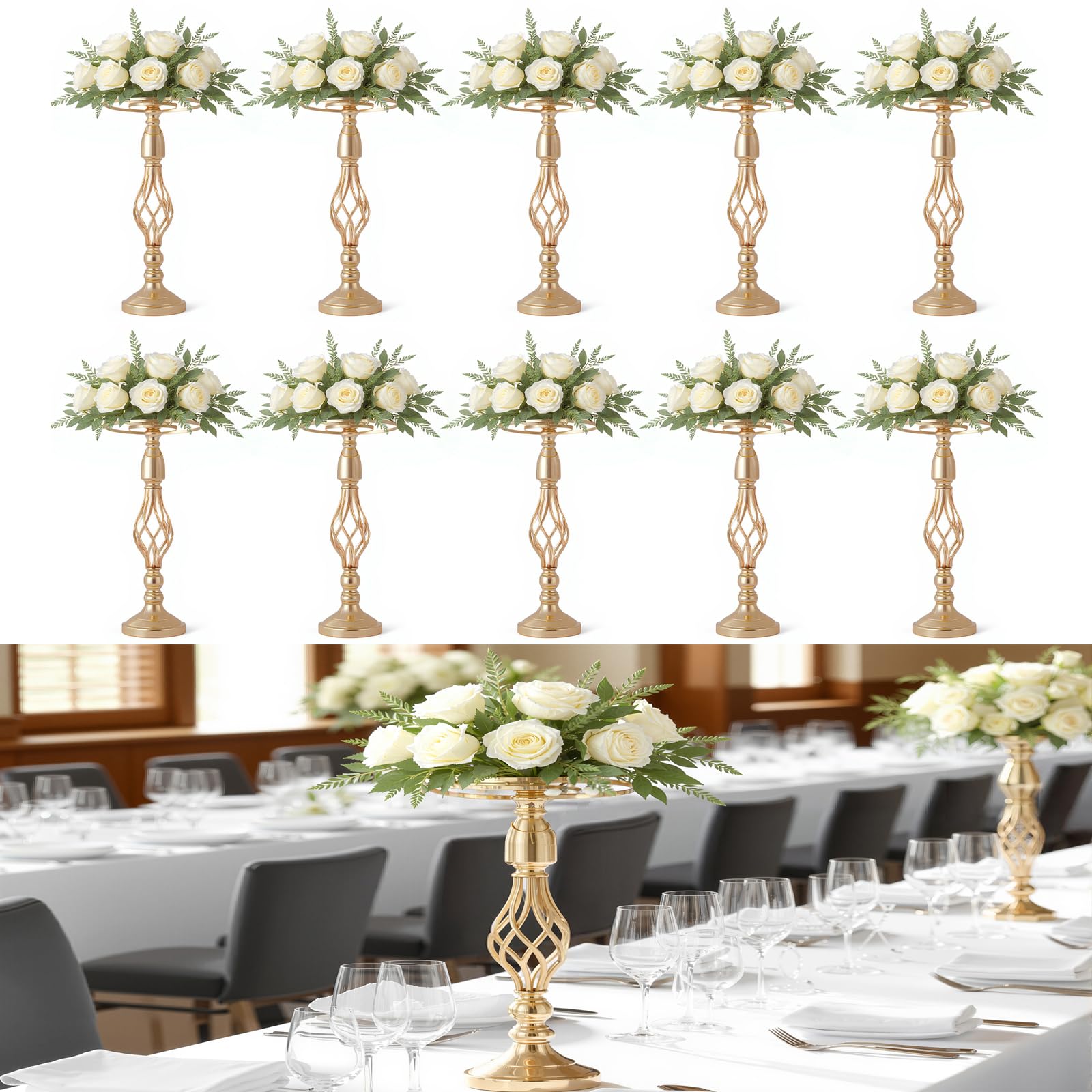 Blumenständer Gold für Hochzeit, 10 Stück Metall Gold Vase, 52cm Hohe Trompete Vasen Metall, Mittelstücke Tischdekoration für Hochzeitstag Party Tafelaufsätze Geburtstag Event Festival Feier Gang