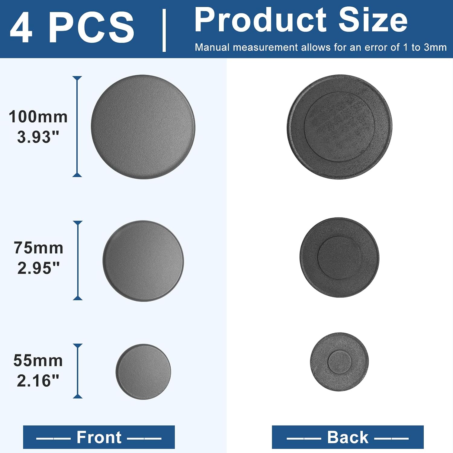 Gas Stove Burner Cap Set, 4PCS Burner Covers for SABAF Stove and Universal Stoves, Metal Cooker Hat Replacement, Includes 1 Large, 2 Middle, and 1 Small Cap (Black Flat, Matte)