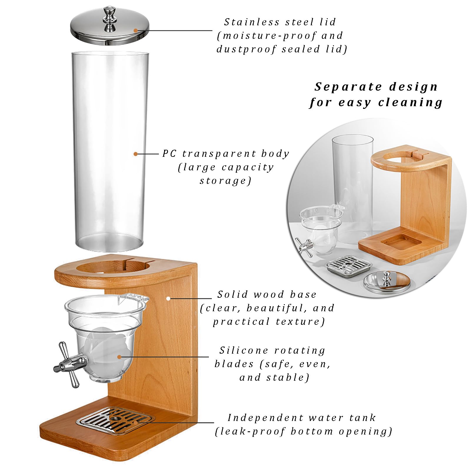 Dispenser di cereali per alimenti secchi, contenitore ermetico da cucina con base in legno e manopole rotanti per noci, legumi, caramelle e snack