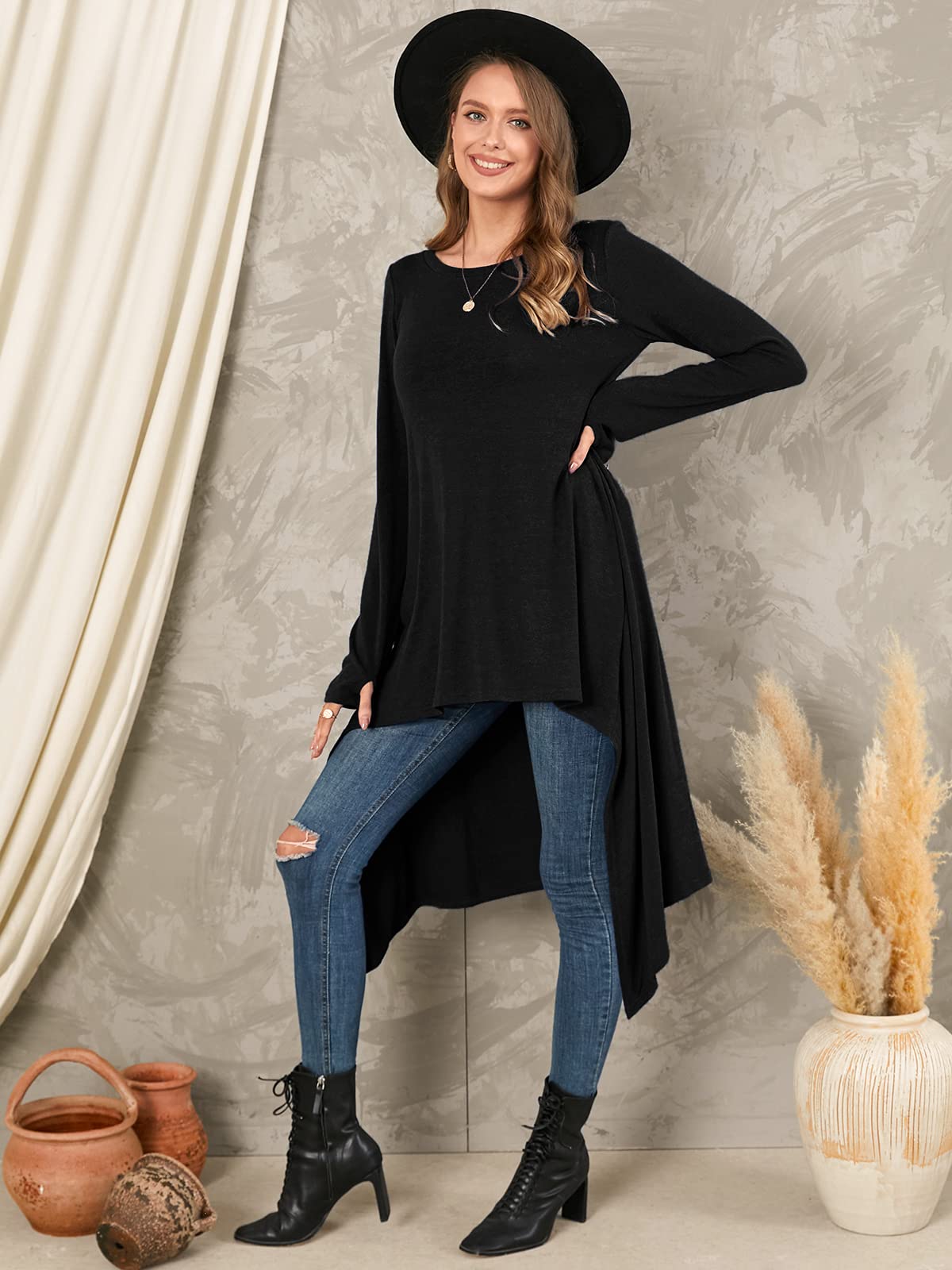 Zanzea Robe Pull en Maille Fine Oversize Femme Hiver Tunique Longue Grande Taille Robe Sweat Asymetrique, Noir, L