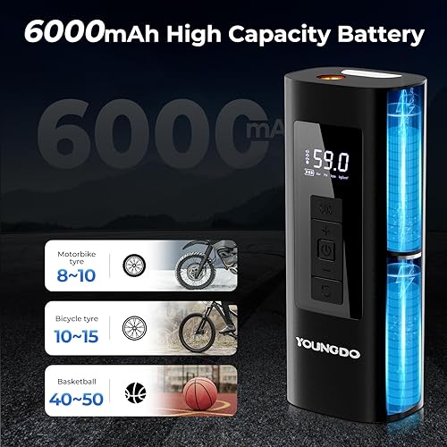 Miniatura 3 de YOUNGDO Compresor de aire portátil para inflador de neumáticos, 150 PSI y 6000 mAh, inflador de neumáticos con medidor de presión, inflado rápido