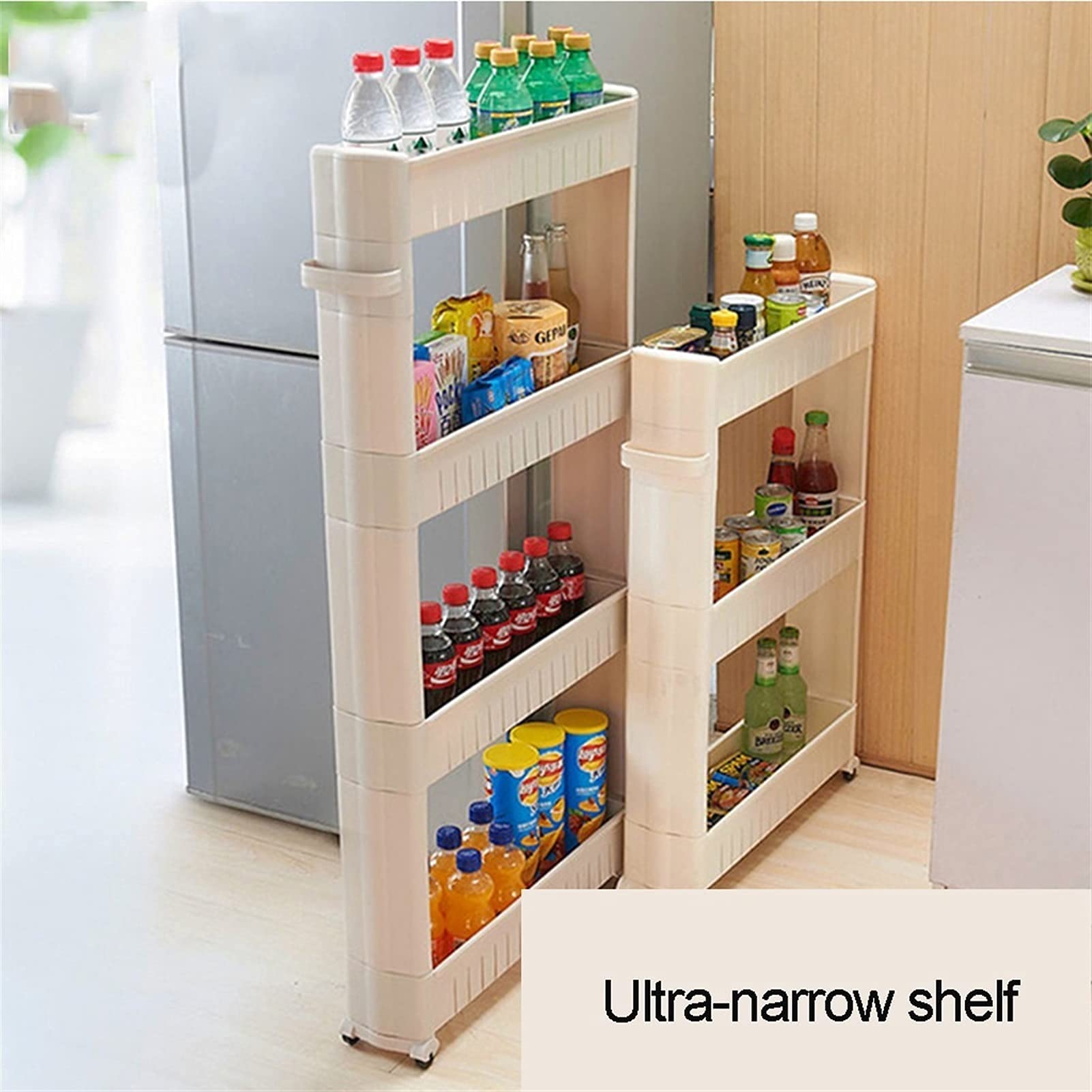 Estante delgado deslizante de 4 capas para cocina y baño, estante de almacenamiento con ruedas, plástico duradero y acero inoxidable, ahorro de espacio, color blanco
