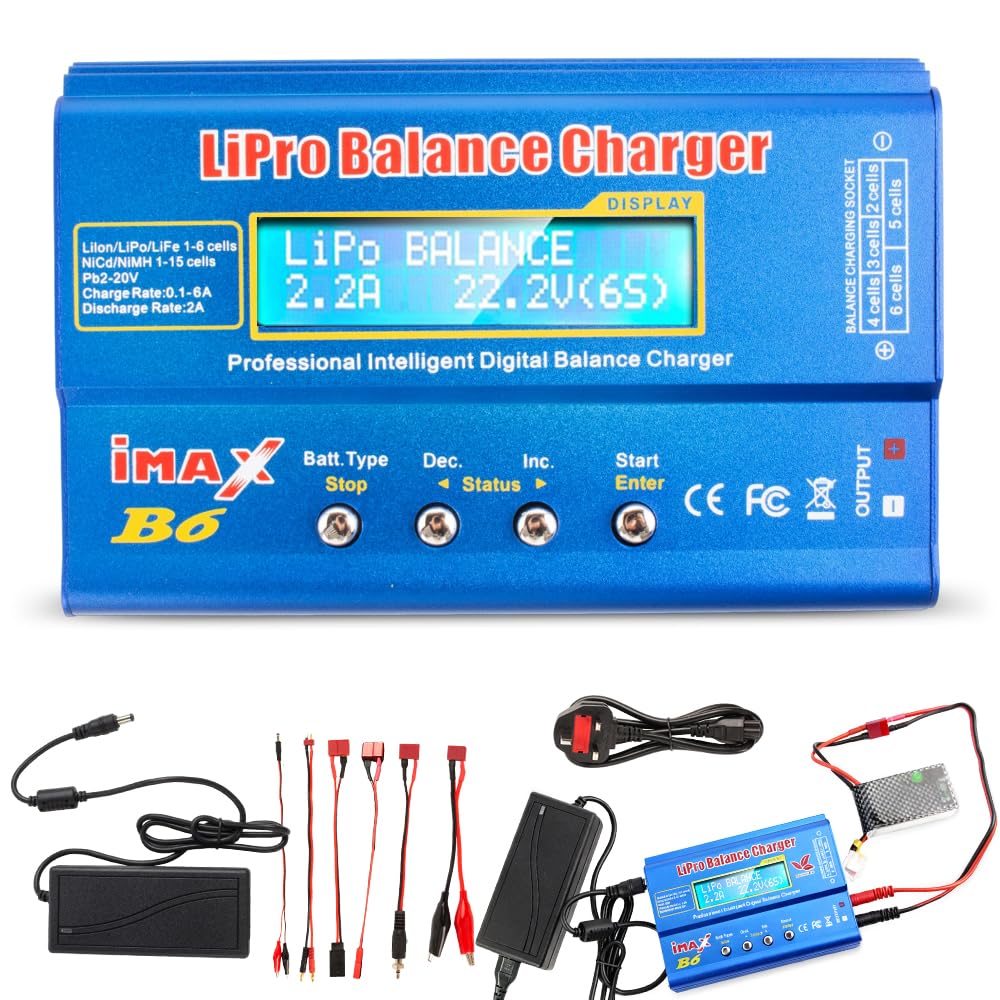 WDKXCN Lipo Battery Charger, 80W 6A Lipo Balance Charger, RC Battery Charger with Power Cord, Airsoft Battery-charger, Imax b6 Recharger with AC Power Adapter for Li-ion, NiMh, Li-Fe, NiCd, Pb