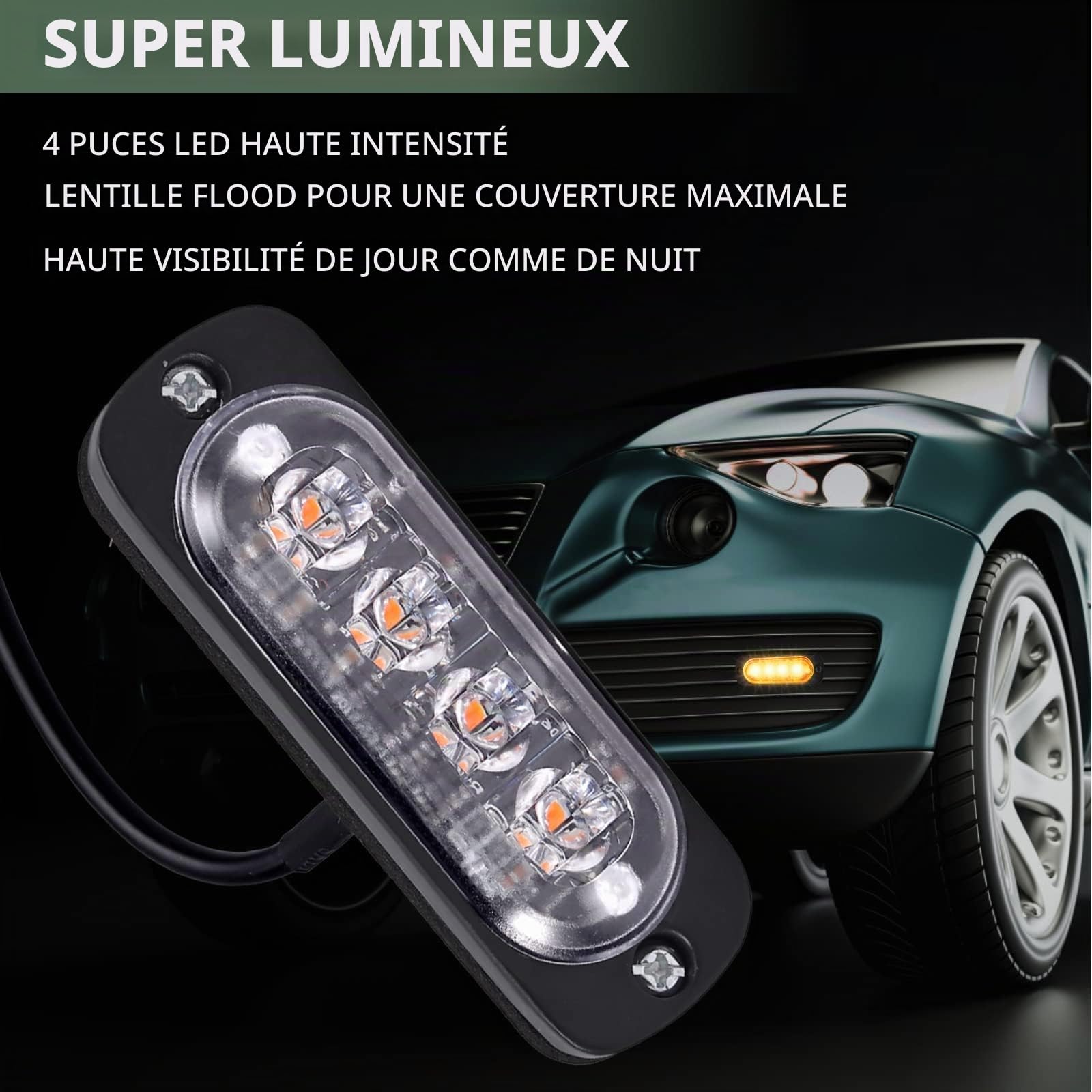 EYPINS 4X Feux de Pénétration à 4 LEDs 12/24V Gyrophare LED Orange Feux Flash Voyant d’Alarme Urgence Strobe Clignotants Auto IP65 ECE pour Van Camion Tractopelle Chariot à Fourche Tracteur