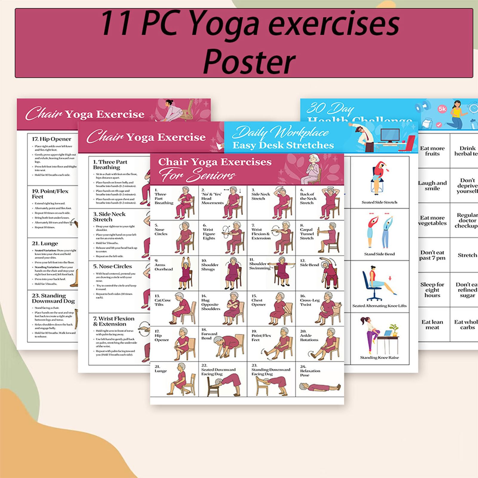 Plakat z ?wiczeniami krze?le dla seniorów, 11 elementów, plakat gimnastyczny w siedzeniu, bez boksu, stó? treningowy krze?le dla seniorów, do pilatesu, utraty wagi, domu, studia fitness, miejsca