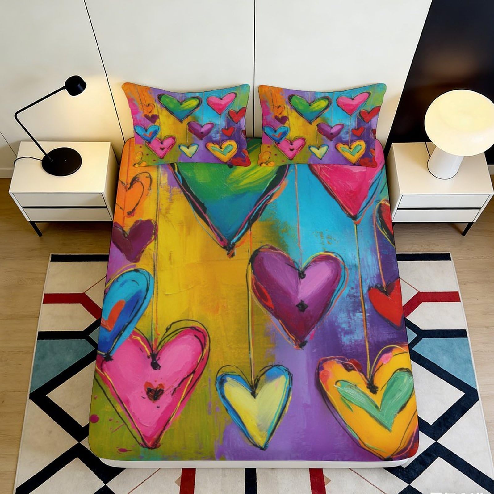 3D Printed Colorful Heart Pattern Fitted Sheet Microfiber Soft Durable Vibrant Abstract Bed Cover for Bedroom Dormitory Guest Room Mattress Protection 140x200x25cm