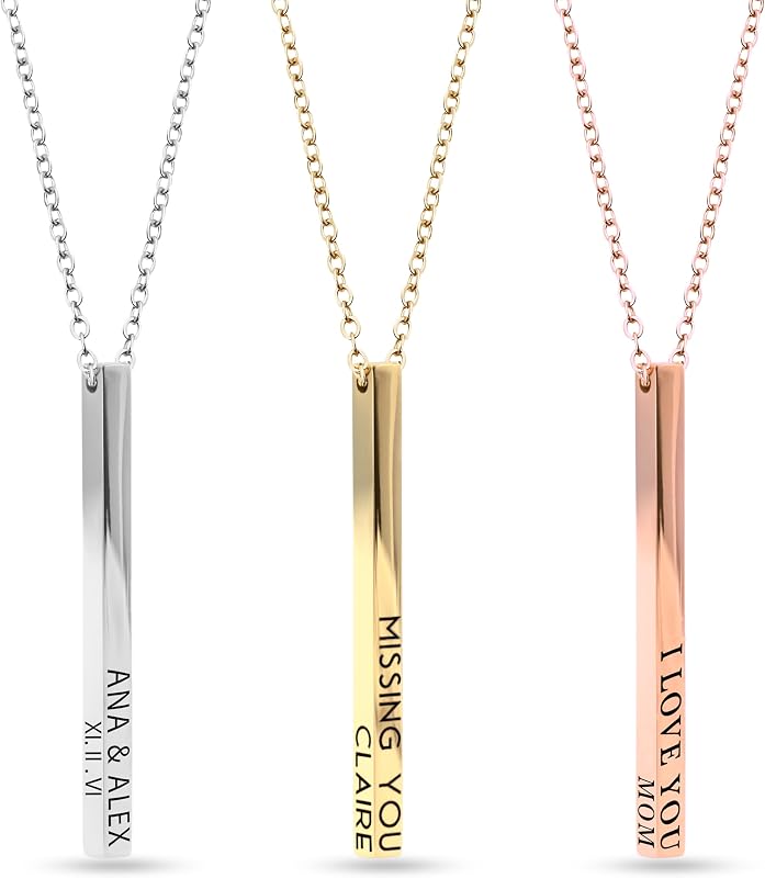 Custom Engraved Necklace for Women, Four-Sided Personalized Bar Necklace | A personalized date necklace has names, dates, coordinates; this custom bar necklace has anti-tarnish gold/rose gold plating.