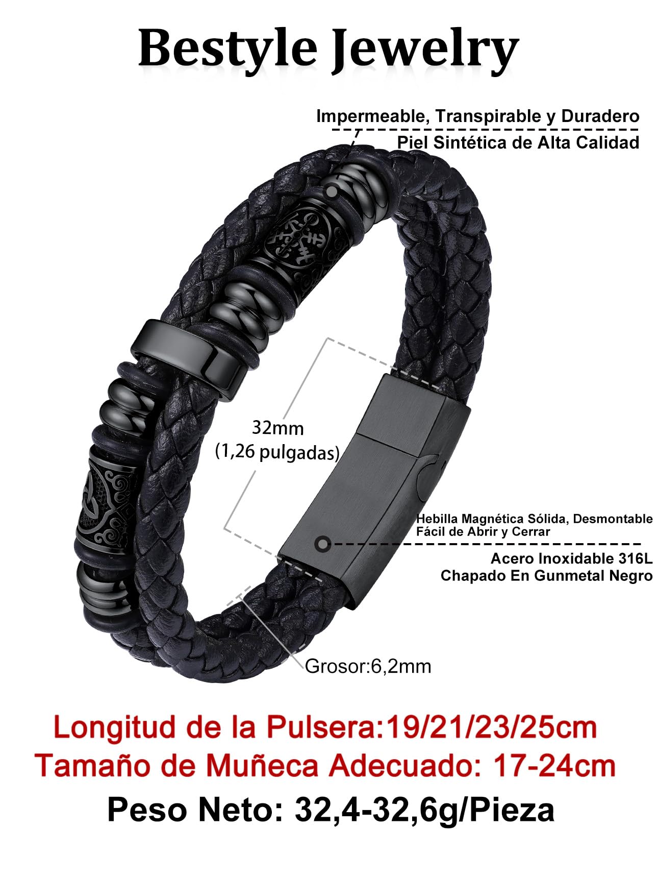 Bestyle pulsera cuero hombre Viking Brújulas Cuentas 19cm/21cm/23cm/25cm con Cierre Magnético de Acero Inoxidable Pulseras de Cuero para Pardre Esposo Novio