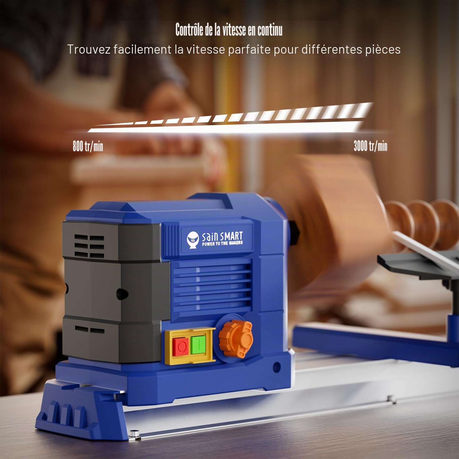 sainsmart Tour de Table, 10 x 24 Pouces, 600 W, 0,8 CV, avec réglage de Vitesse en continu de 800 à 3000 TR/Min, Tour à Bois avec Accessoires complets pour Le Travail du Bois