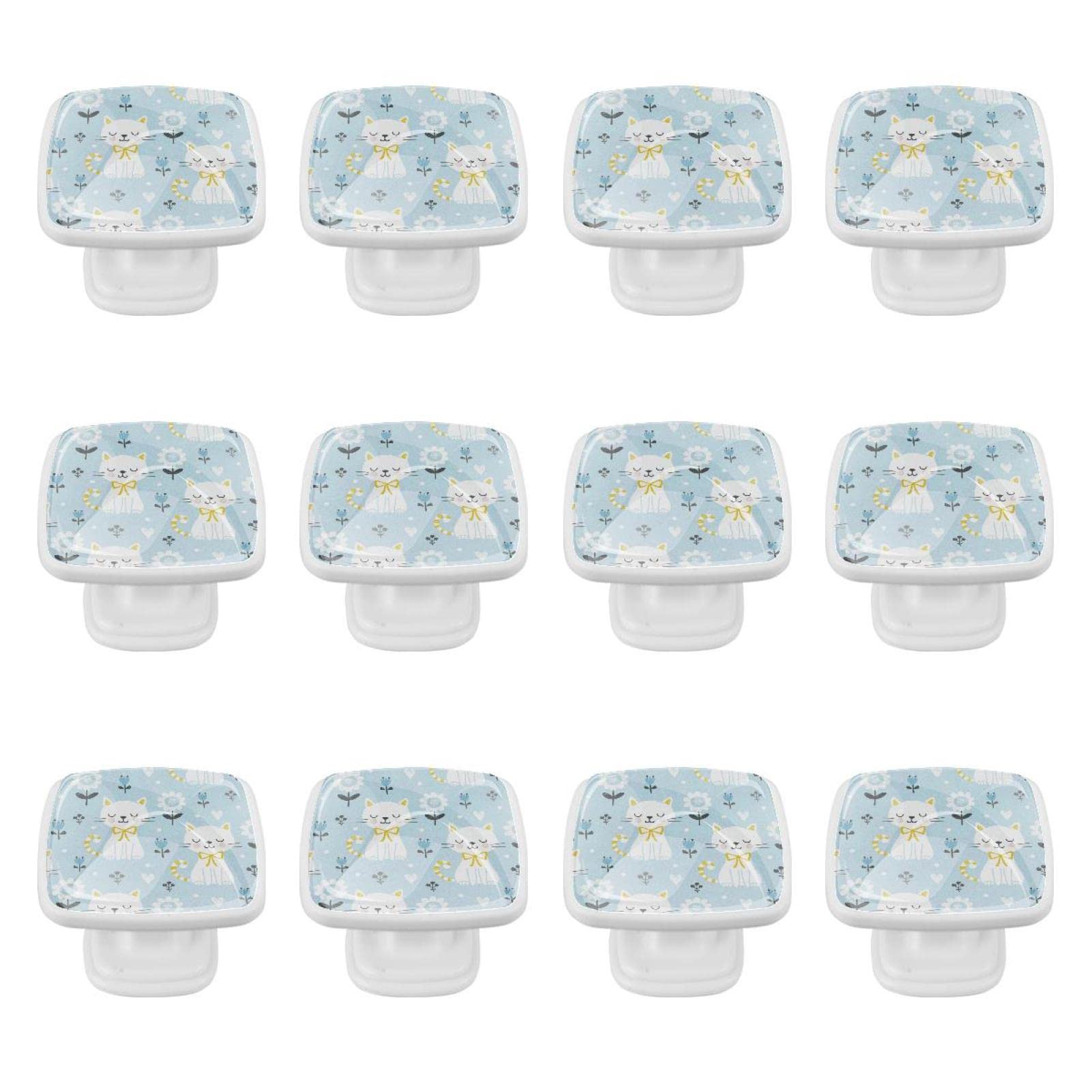 Boutons de tiroir chat blanc en verre : lot de 12 poignées de meuble pour chambre enfant