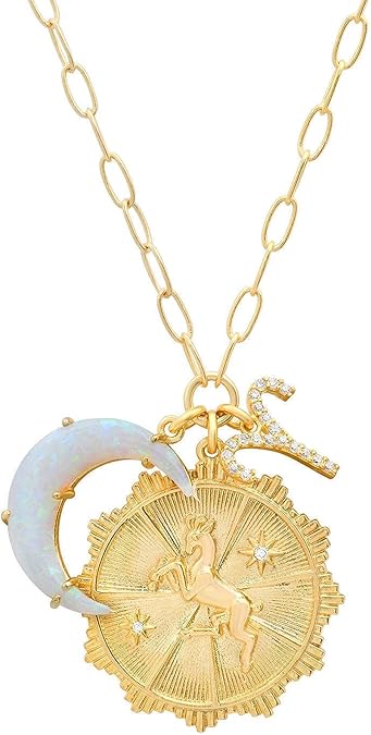 Dainty Gold Zodiac Embossed Coin Opal Crescent Moon Charm Necklace for Women Trendy 18K Gold Plated Retro Paperclip Chain 12 Constellation Horoscope Necklaces Astrology Jewelry Gifts