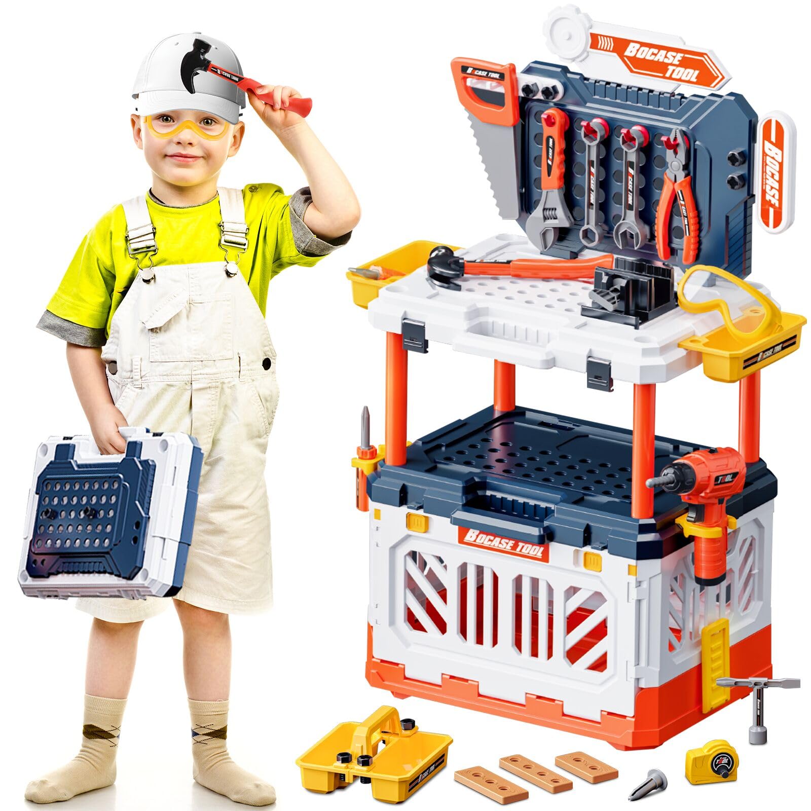 deAO Toy Tools, 90 Pieces Bench Tools Toy, Includes Electric Drill with Sound and Lights, English, Pliers, Hammer, Screwdriver, Gifts for Child 3 4 5+