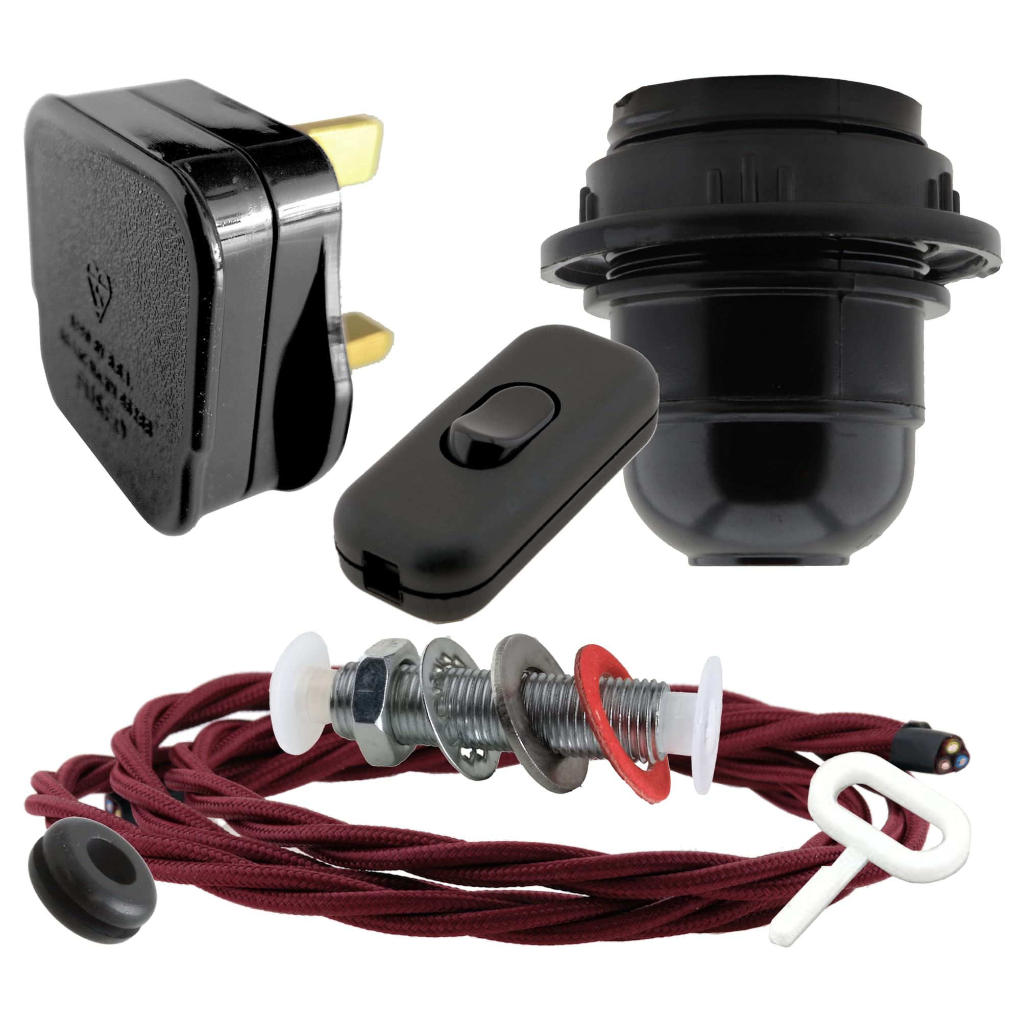 Art Deco Emporium Lamp Repair Kit|Black Plug|Burgundy Flex|Black Switch and E27 Bakelite Lamp Holder