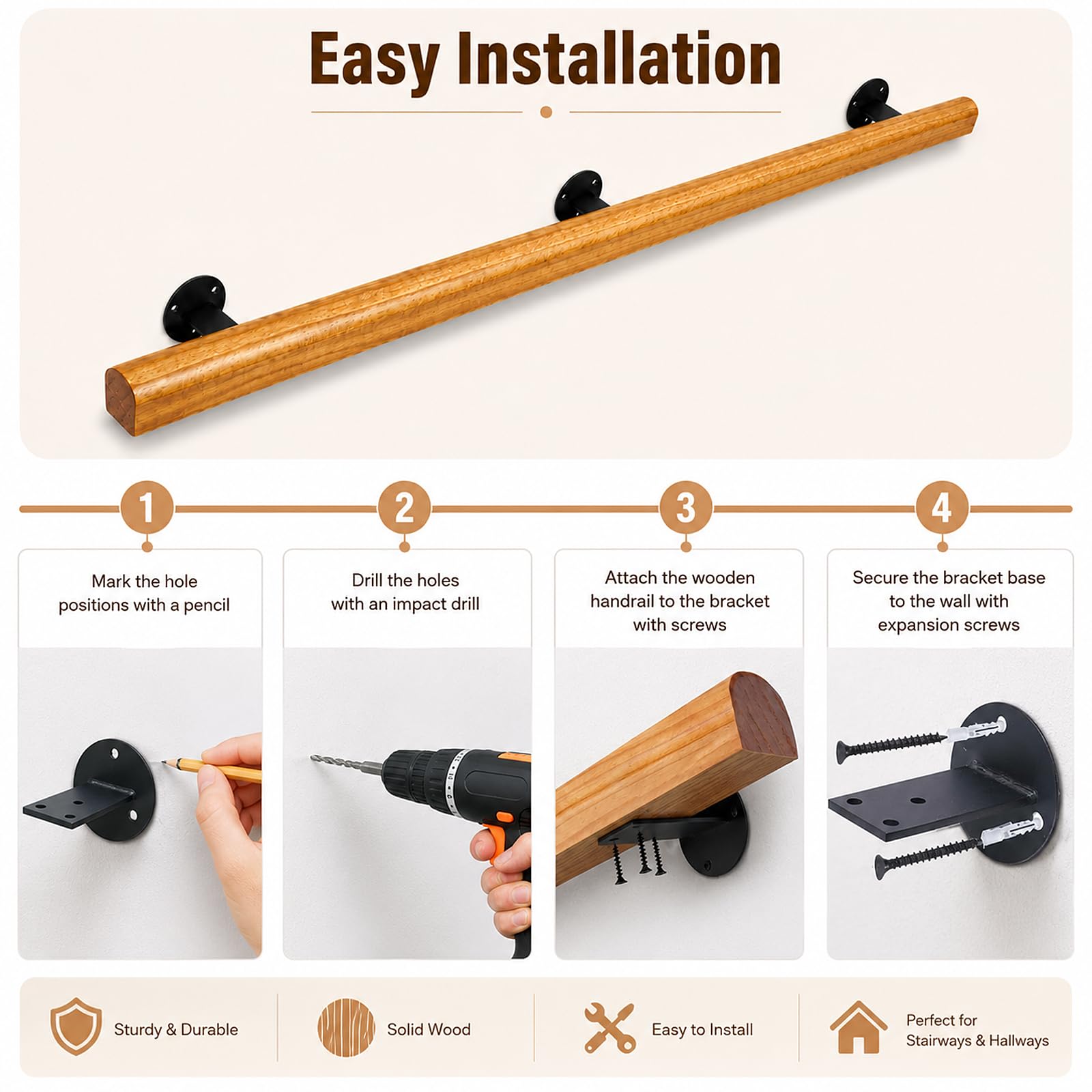 Wooden Handrails for Stairs Non-Slip Stair Banister with Brackets, 360cm - Image 6